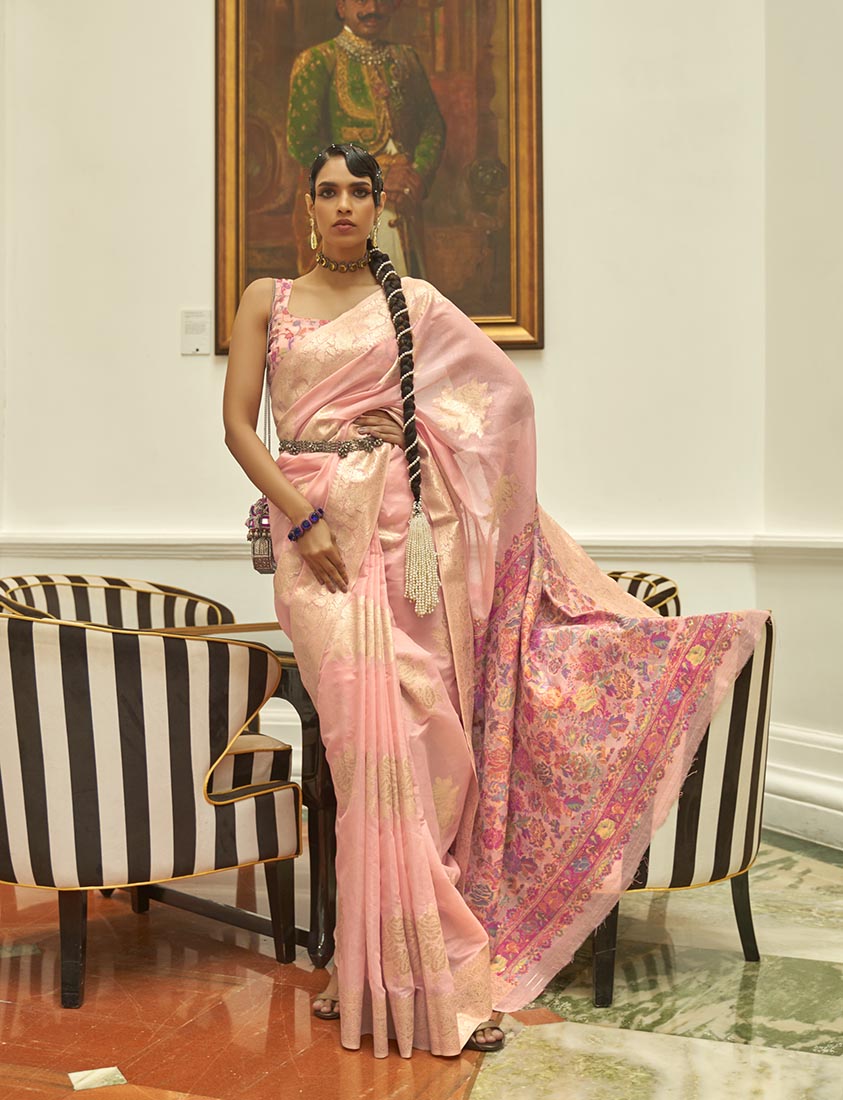 Monjolika Fashion Light Pink Color Handloom Weaving Silk Work Saree With Blouse