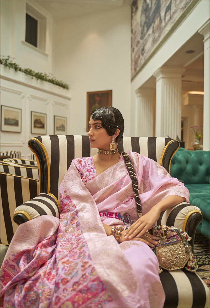 Monjolika Fashion Light Pink Color Handloom Weaving Silk Work Saree With Blouse