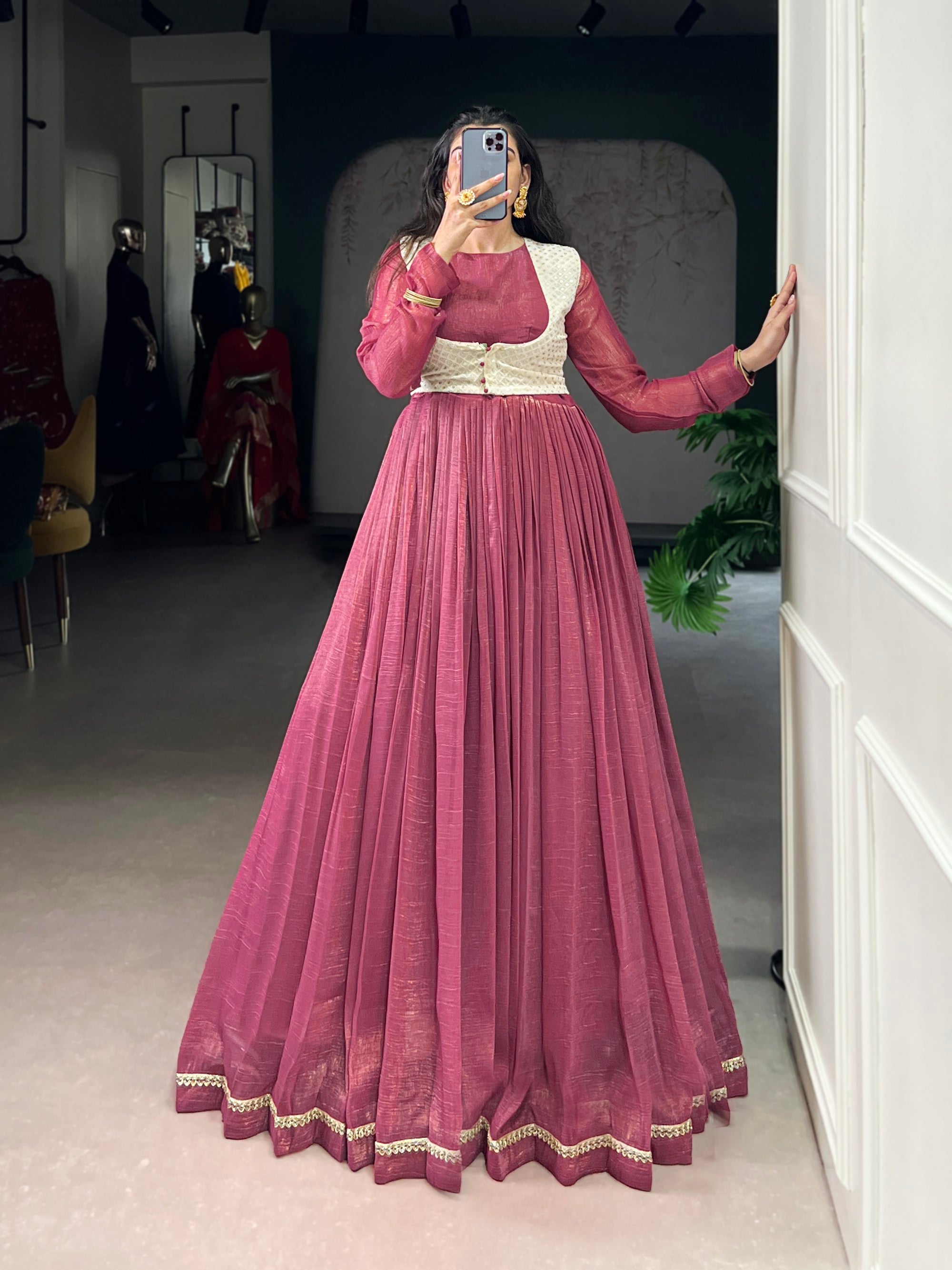 Lorenvalley Fashion Pink Silver Glosy Crunchy Lace Touch Up Gown with Koti