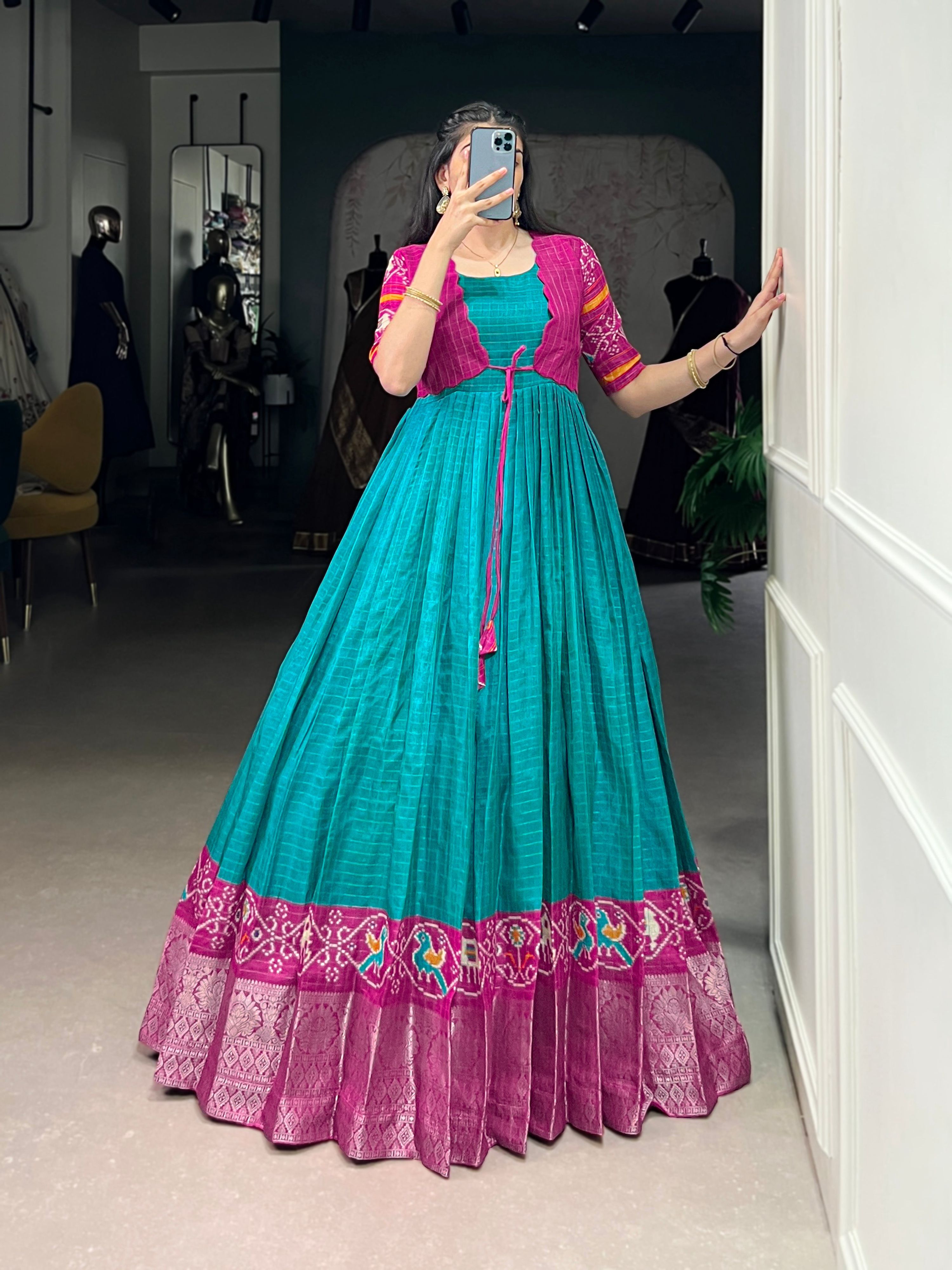 Lorenvalley Fashion Firozi Tussar Chex Patola Print With Weaving Work Border Gown with Koti - Distacart