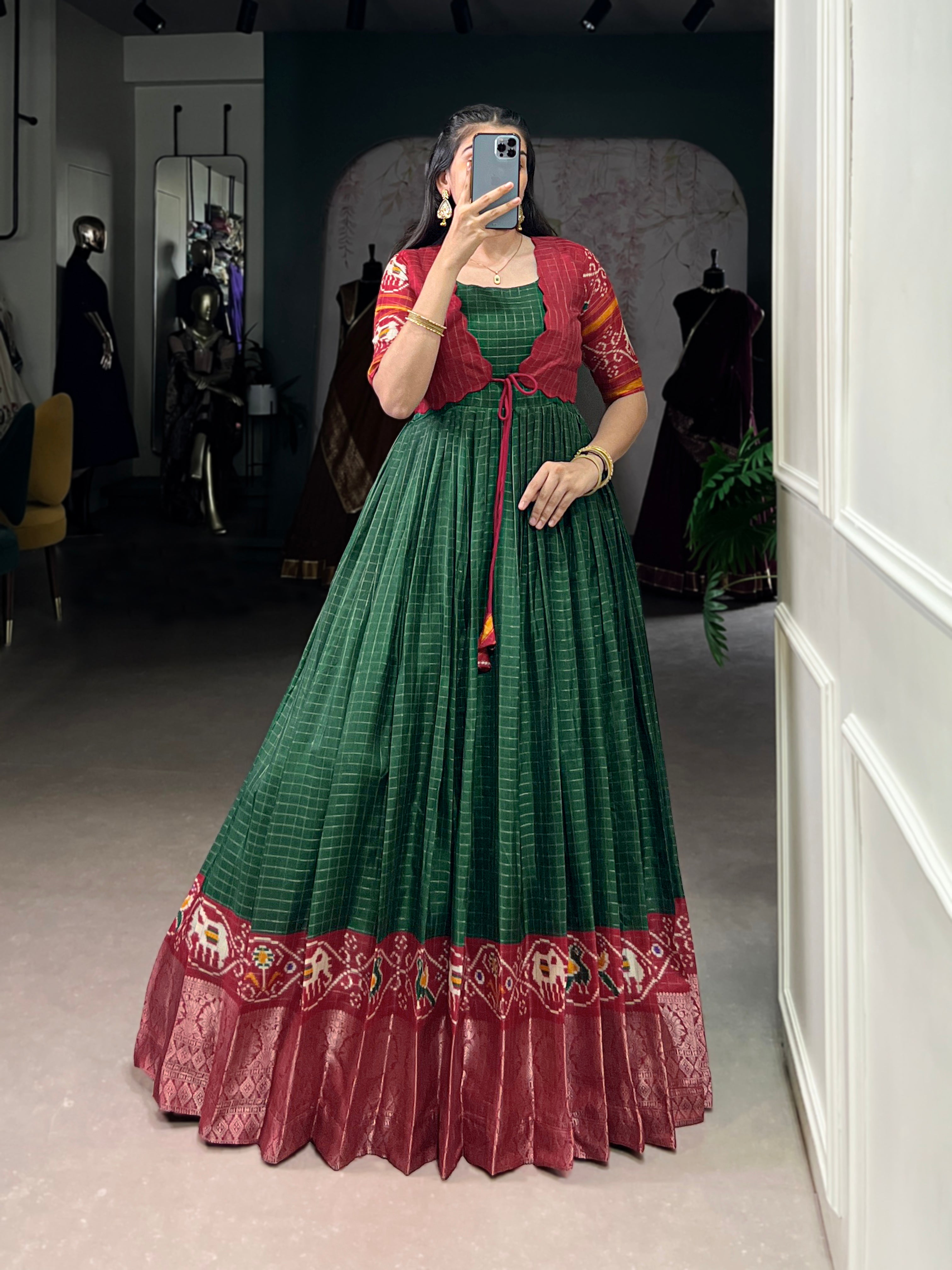 Lorenvalley Fashion Green Tussar Chex Patola Print With Weaving Work Border Gown with Koti - Distacart