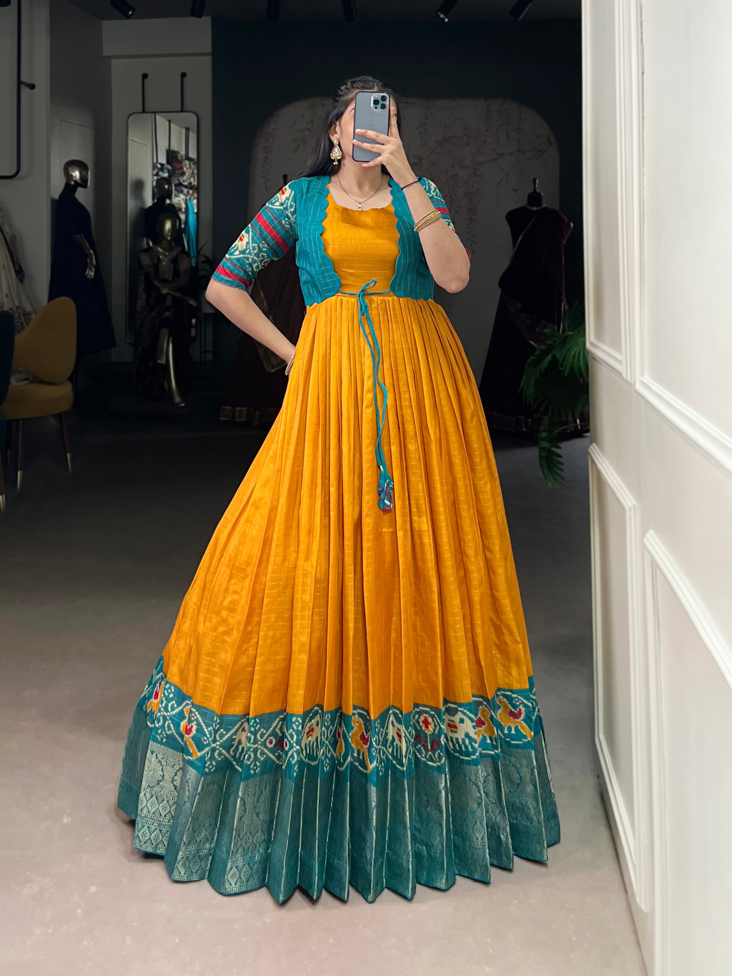 Lorenvalley Fashion Mustard Tussar Chex Patola Print With Weaving Work Border Gown with Koti - Distacart