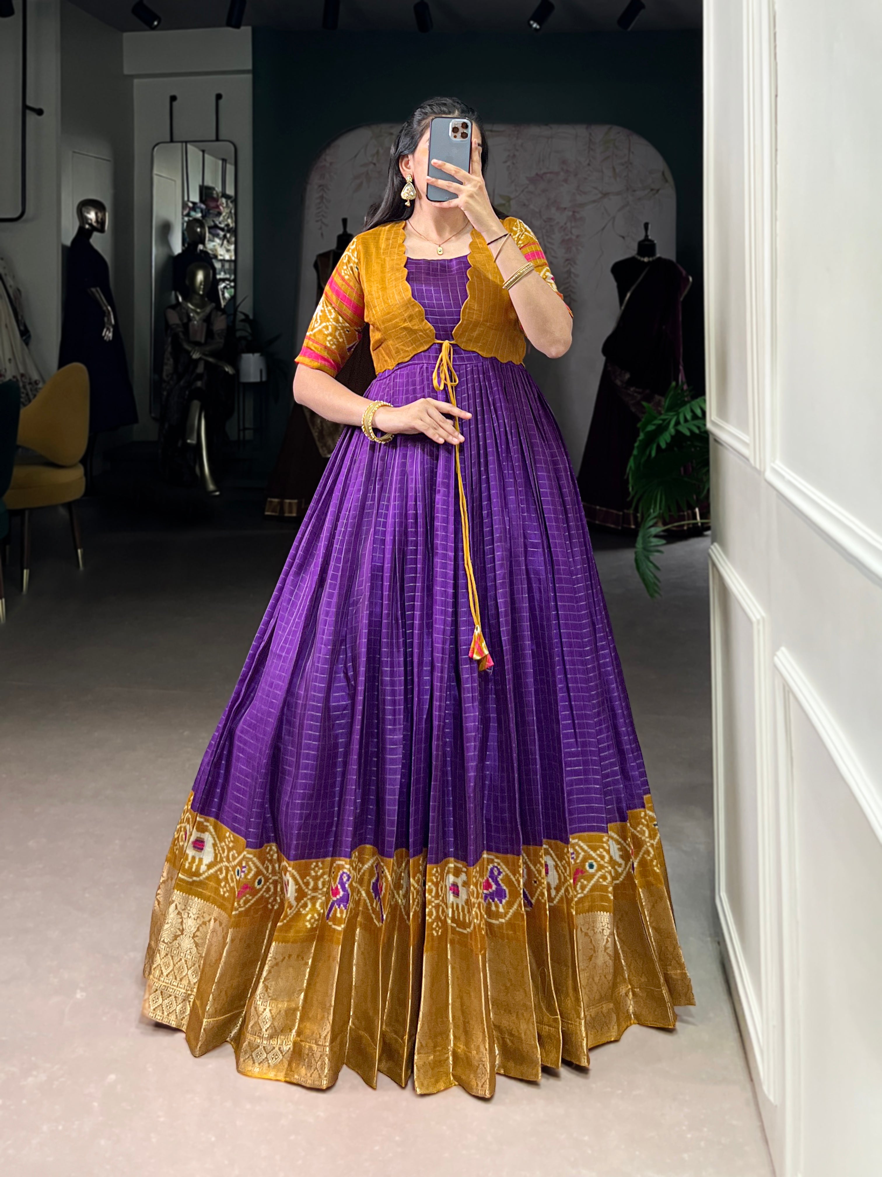 Lorenvalley Fashion Purple Tussar Chex Patola Print With Weaving Work Border Gown with Koti