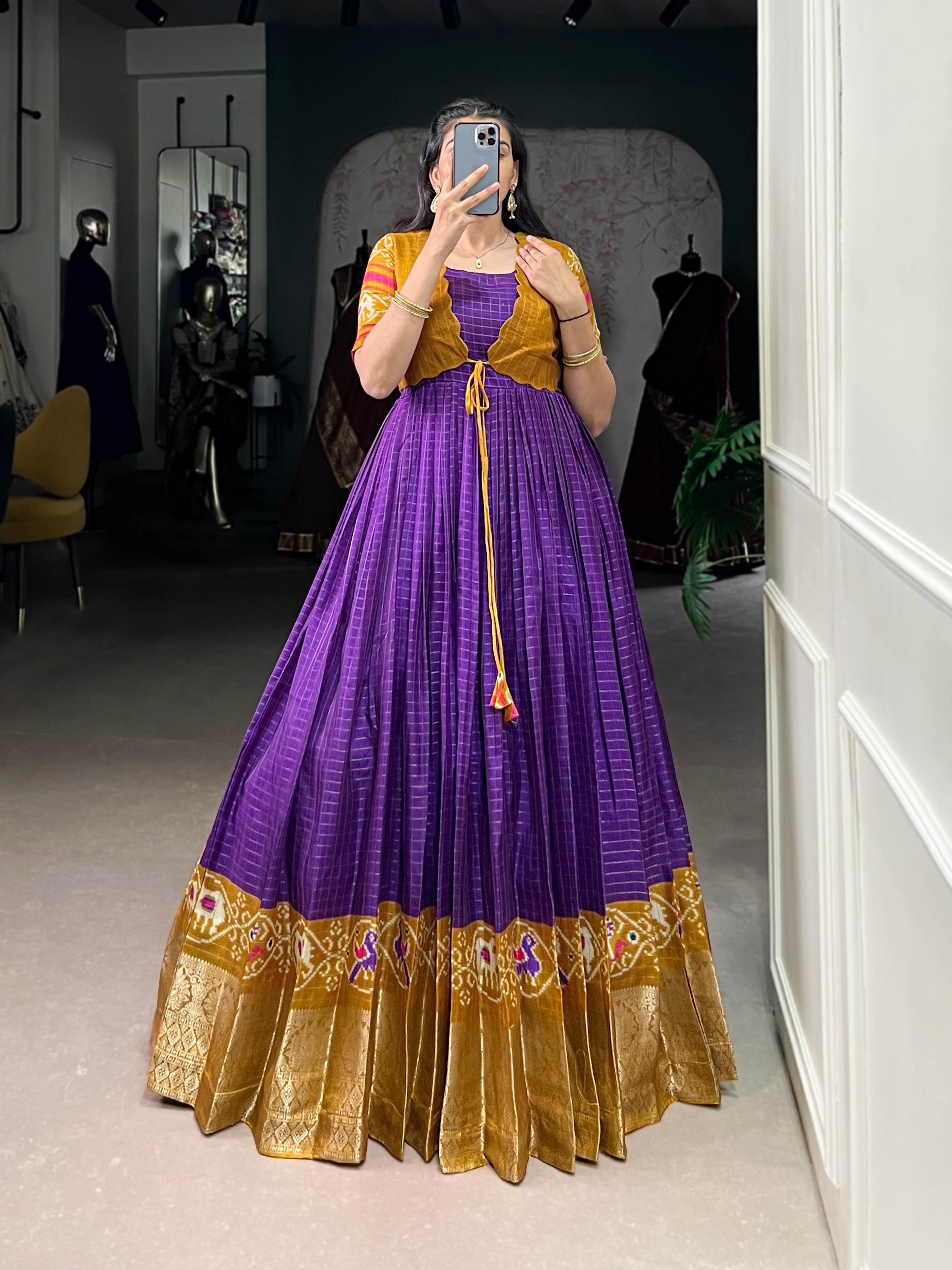 Lorenvalley Fashion Purple Tussar Chex Patola Print With Weaving Work Border Gown with Koti