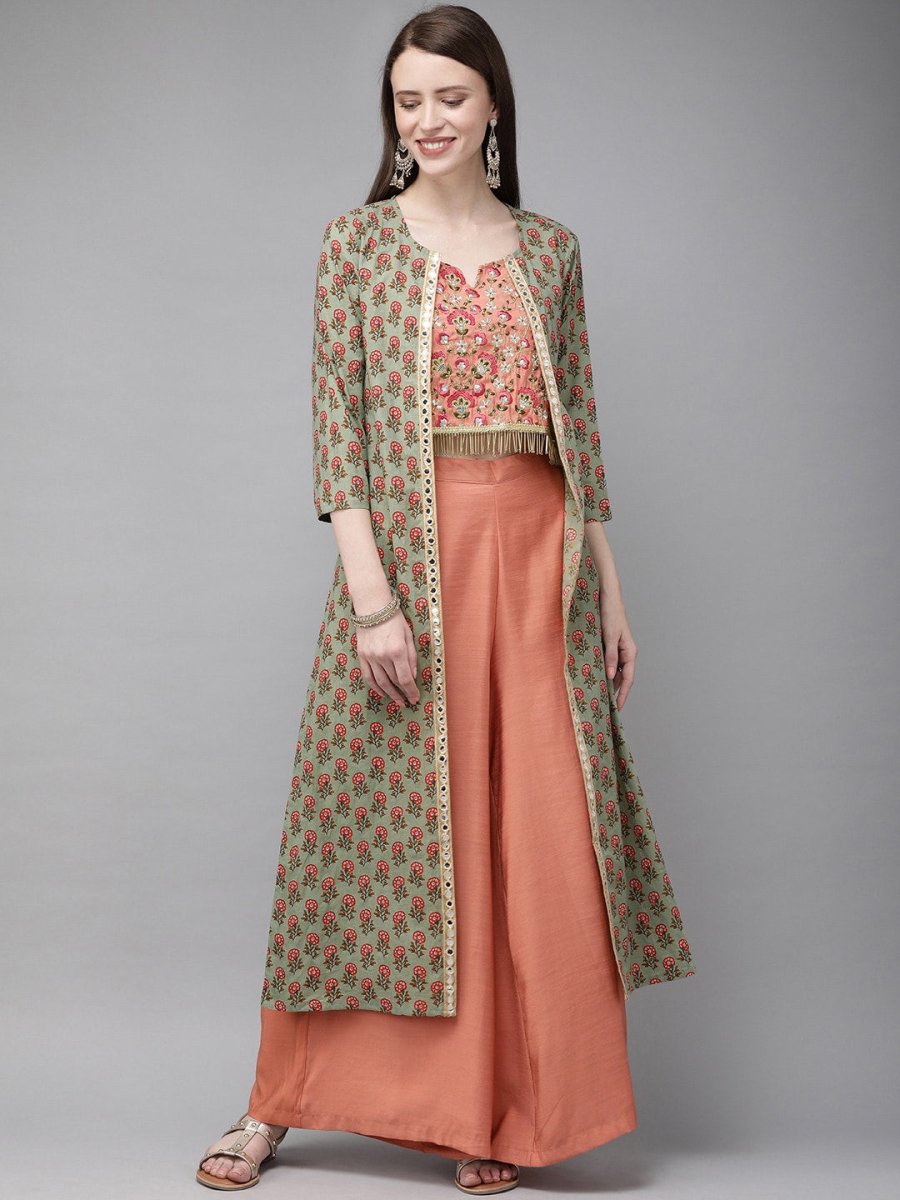 Anouk Women Peach-Coloured & Green Embroidered Top with Palazzos and Jacket - Distacart