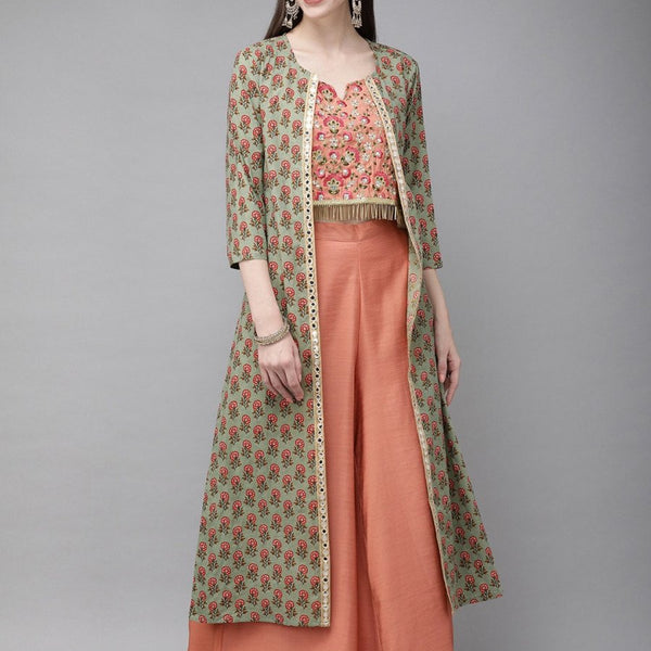 Anouk Women Peach-Coloured & Green Embroidered Top with Palazzos and Jacket - Distacart
