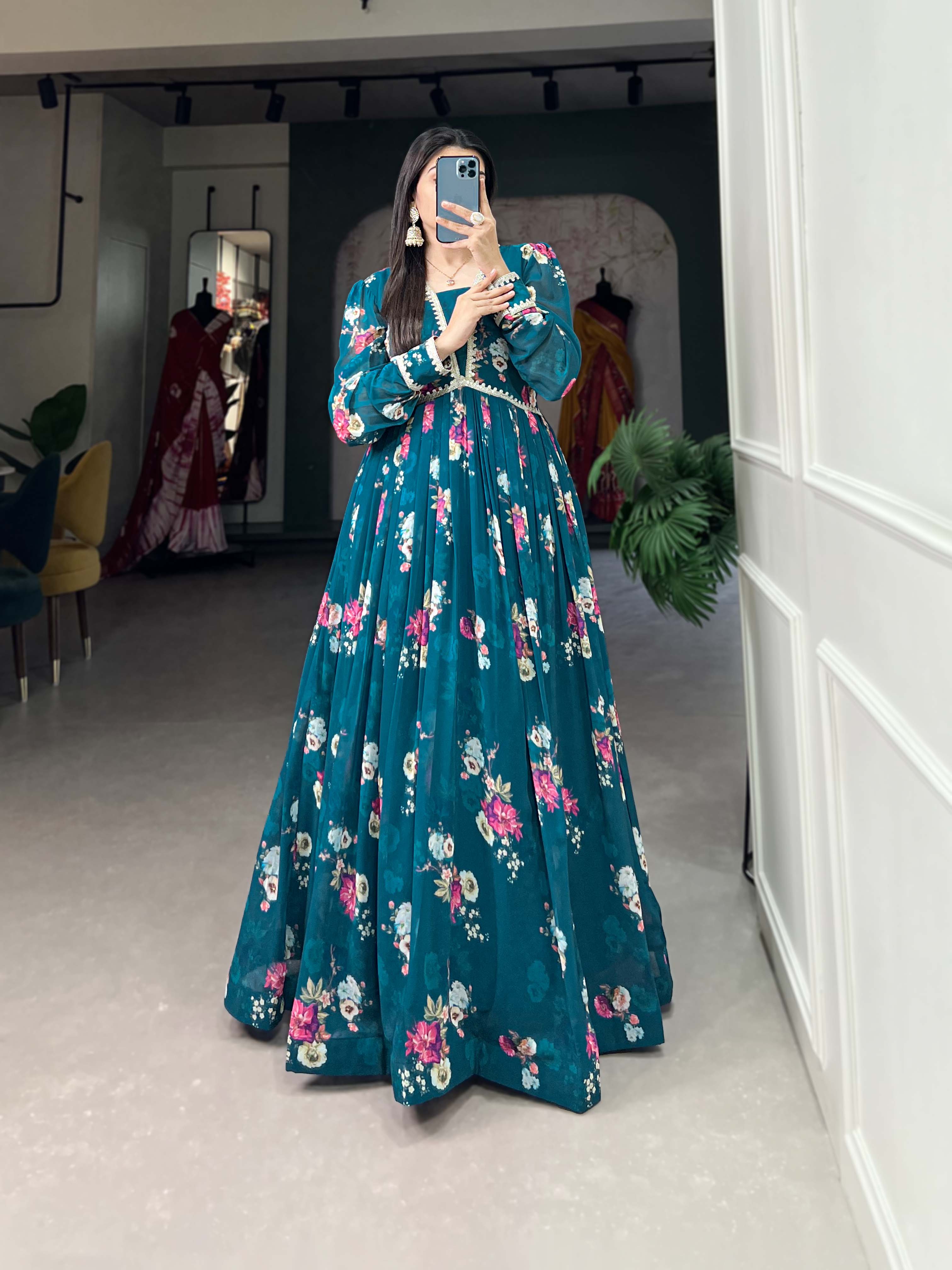 Lorenvalley Teal Georgette Floral print with Lace Border Gown - Distacart
