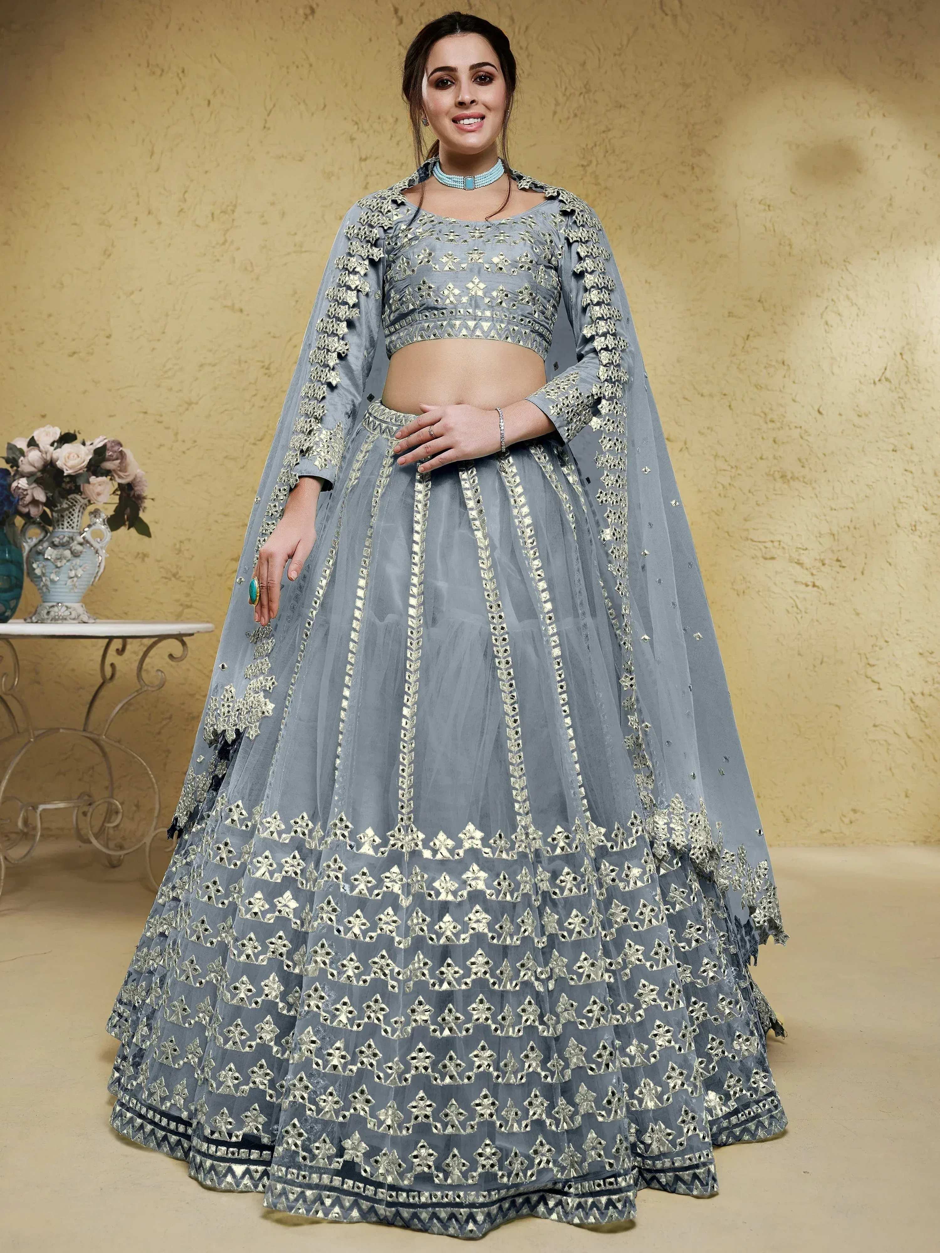 Tulsi Art Gorgeous Grey Foil Work Net Reception Wear Lehenga Choli With Dupatta - Dista