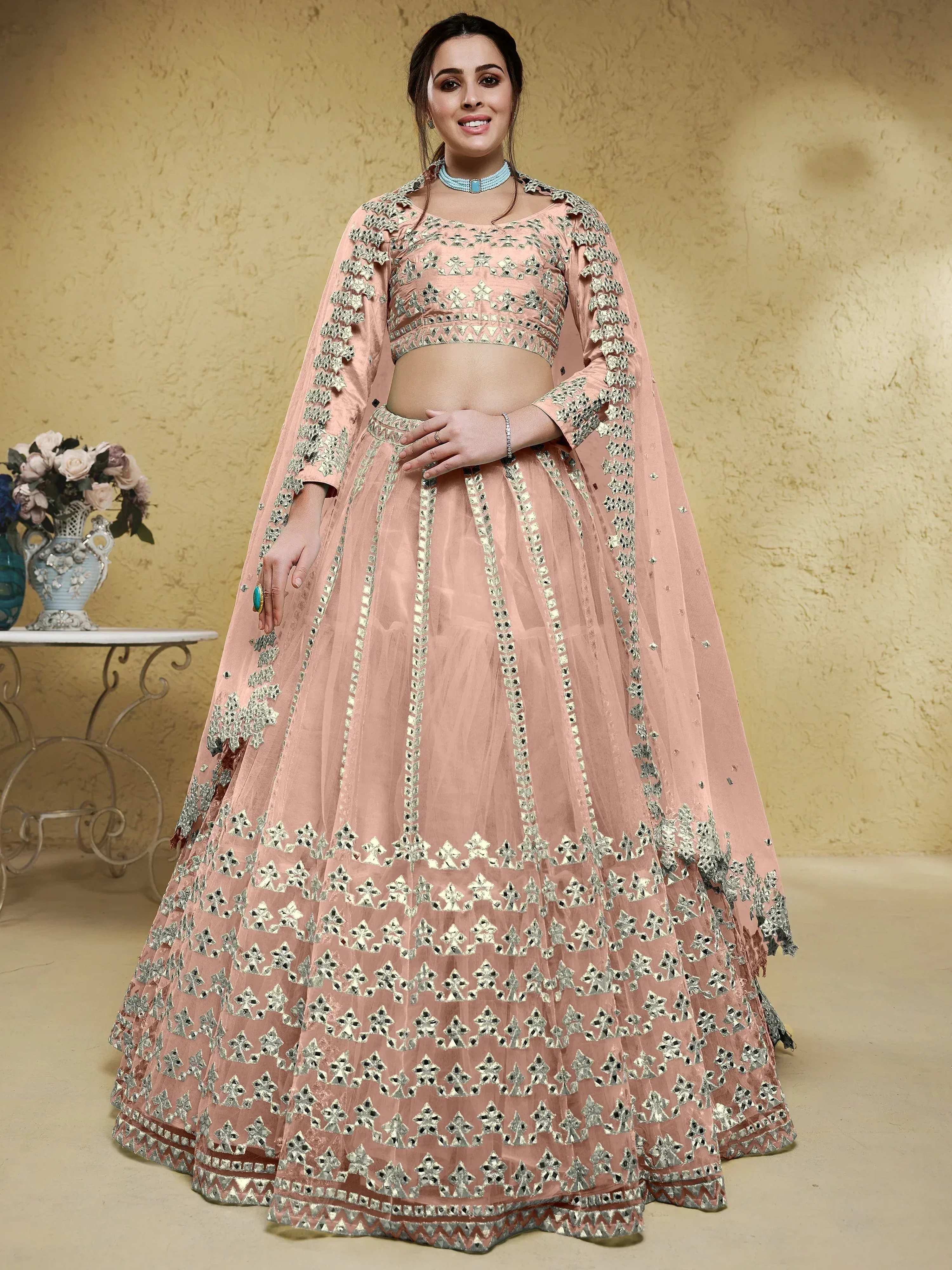 Tulsi Art Fascinating Dusty Pink Foil Work Net Bridesmaid Lehenga Choli - Dista