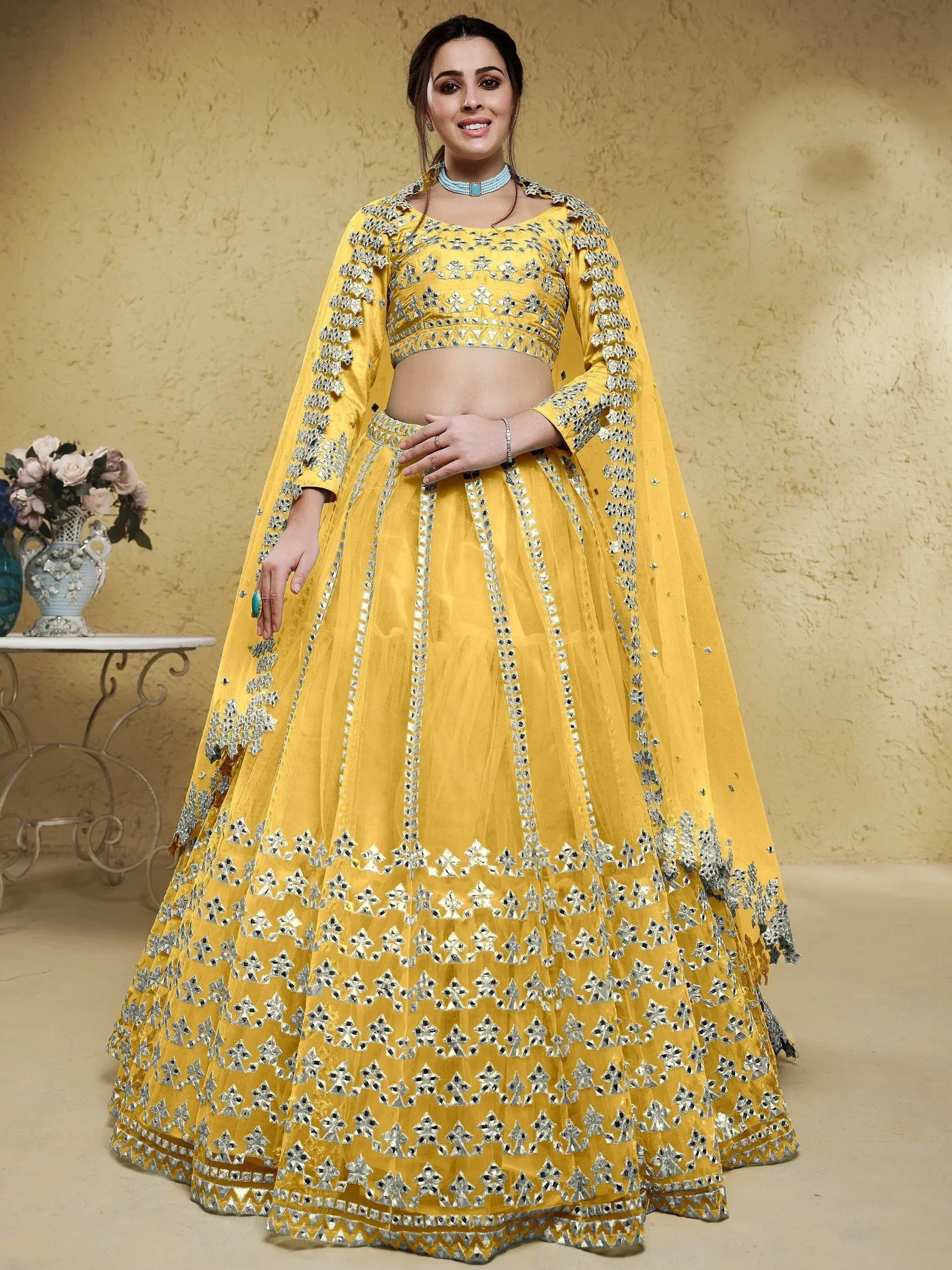 Tulsi Art Magnetic Yellow Foil Work Net Haldi Wear Lehenga Choli With Dupatta - Dista