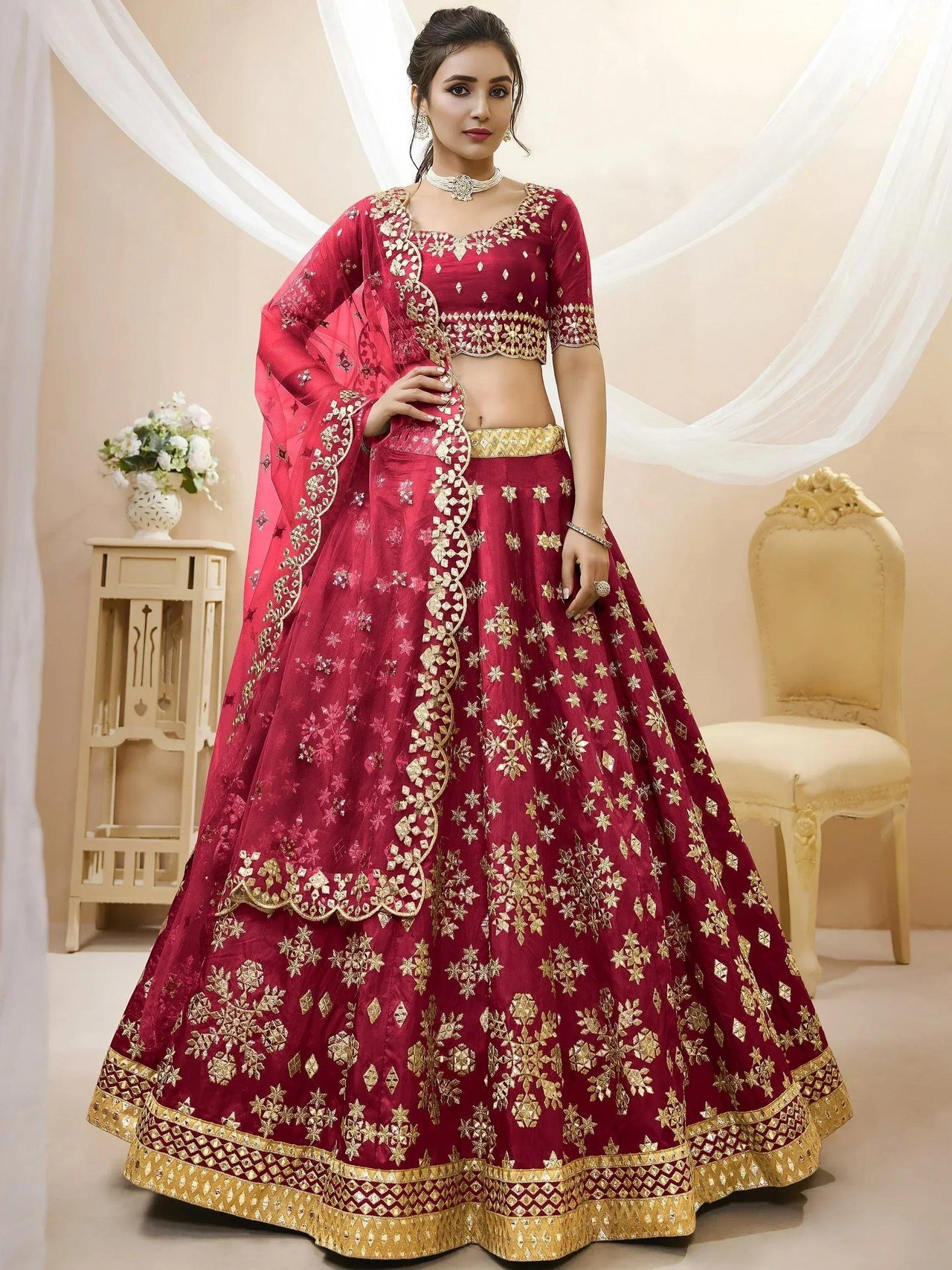 Tulsi Art Charismatic Red Zari Work Art Silk Wedding Wear Lehenga Choli - Dista