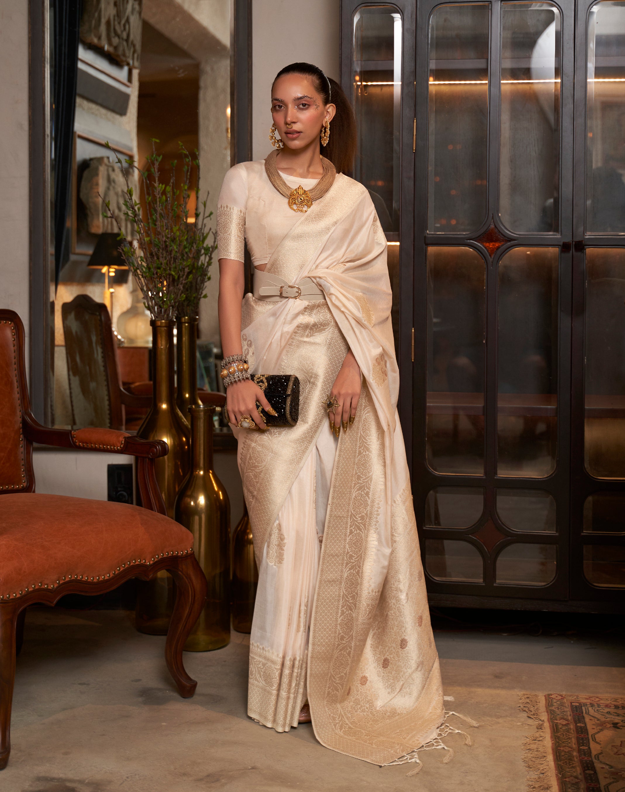 Monjolika Fashion Cream Color Handloom Khadi Georgette Tradtional Saree