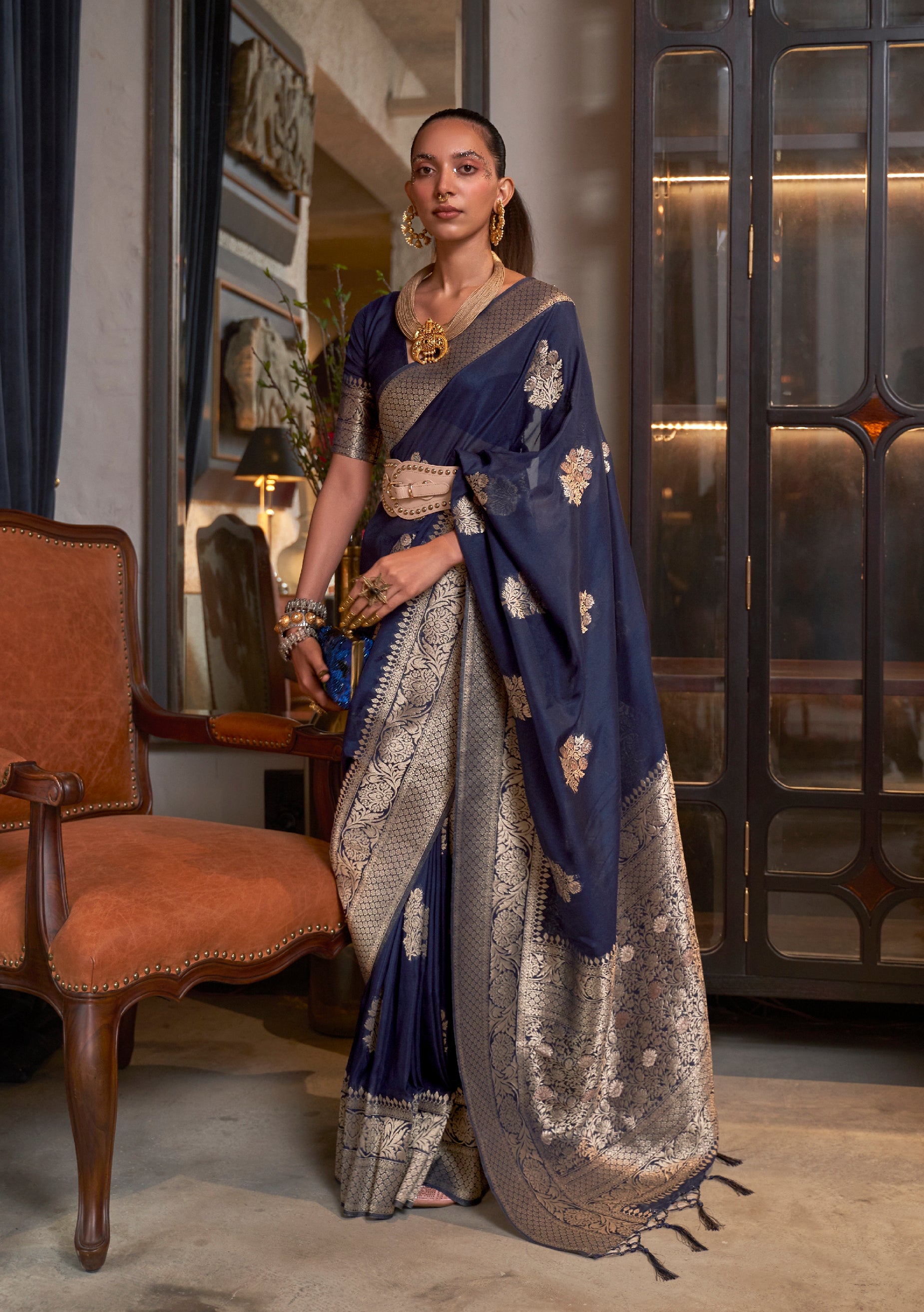 Monjolika Fashion Navy Blue Color Handloom Khadi Georgette Tradtional Saree