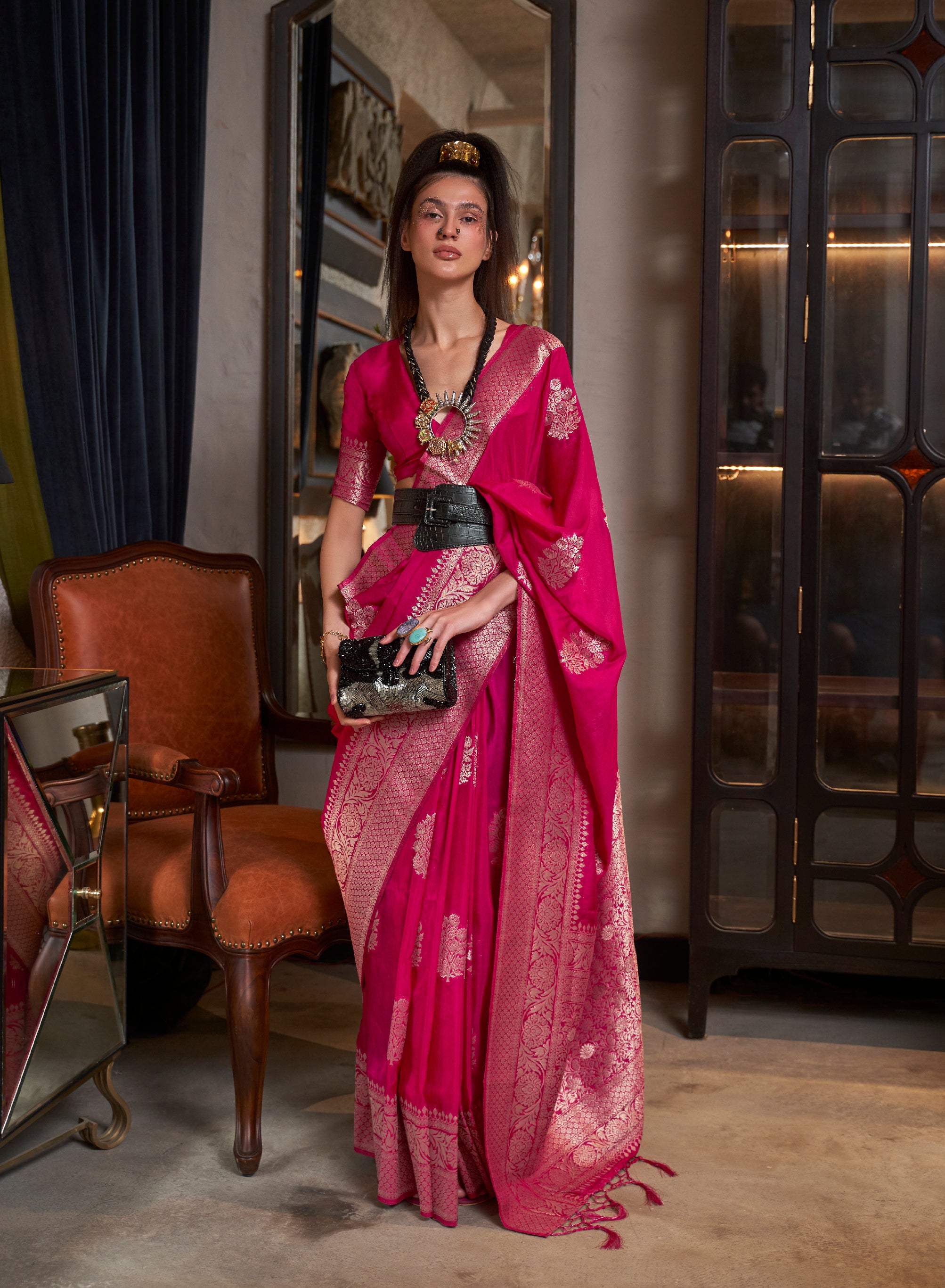 Monjolika Fashion Rani Pink Color Handloom Khadi Georgette Tradtional Saree