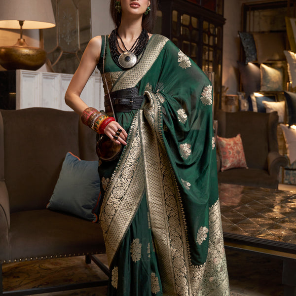 Monjolika Fashion Dark Green Color Handloom Khadi Georgette Tradtional Saree - Distacart