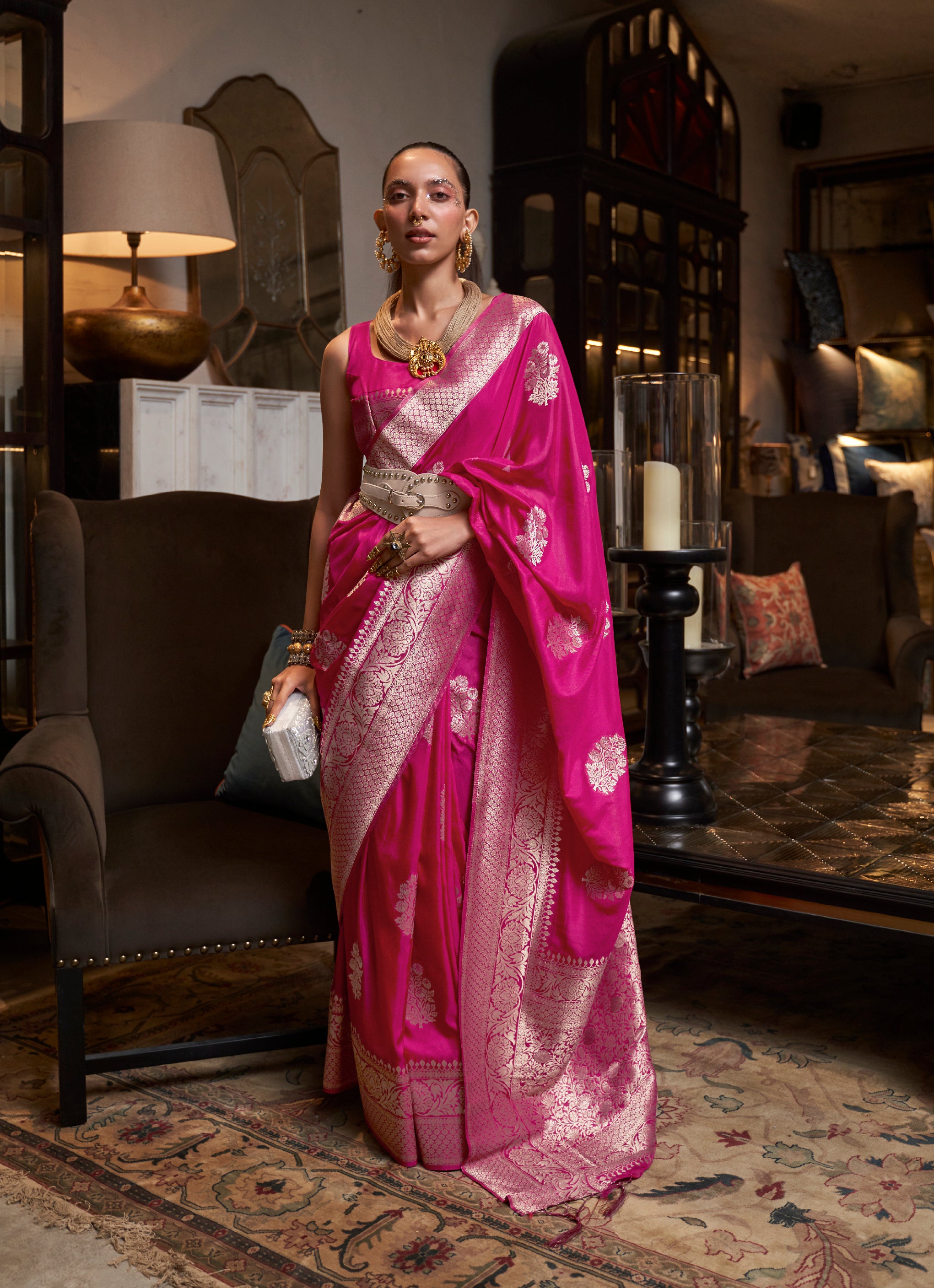 Monjolika Fashion Rani Pink Color Handloom Khadi Georgette Tradtional Saree