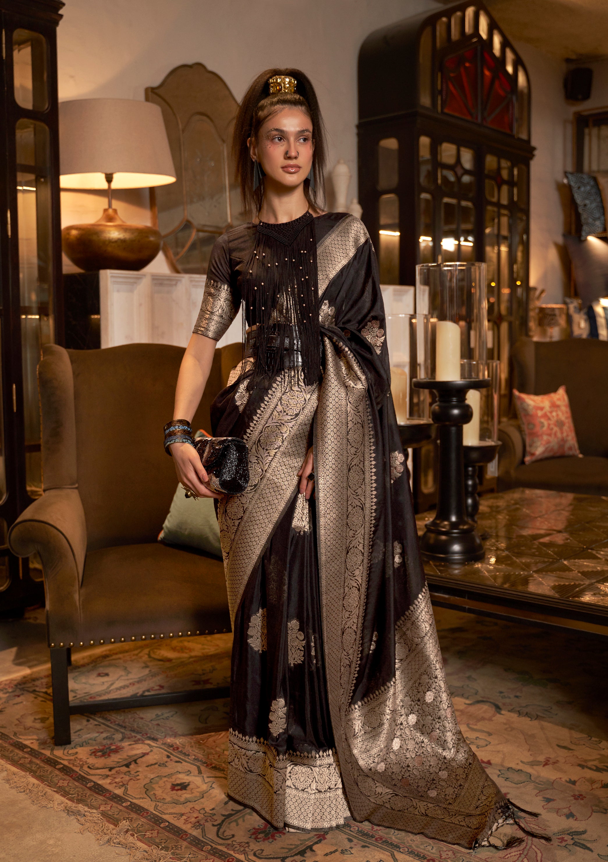 Monjolika Fashion Black Color Handloom Khadi Georgette Tradtional Saree