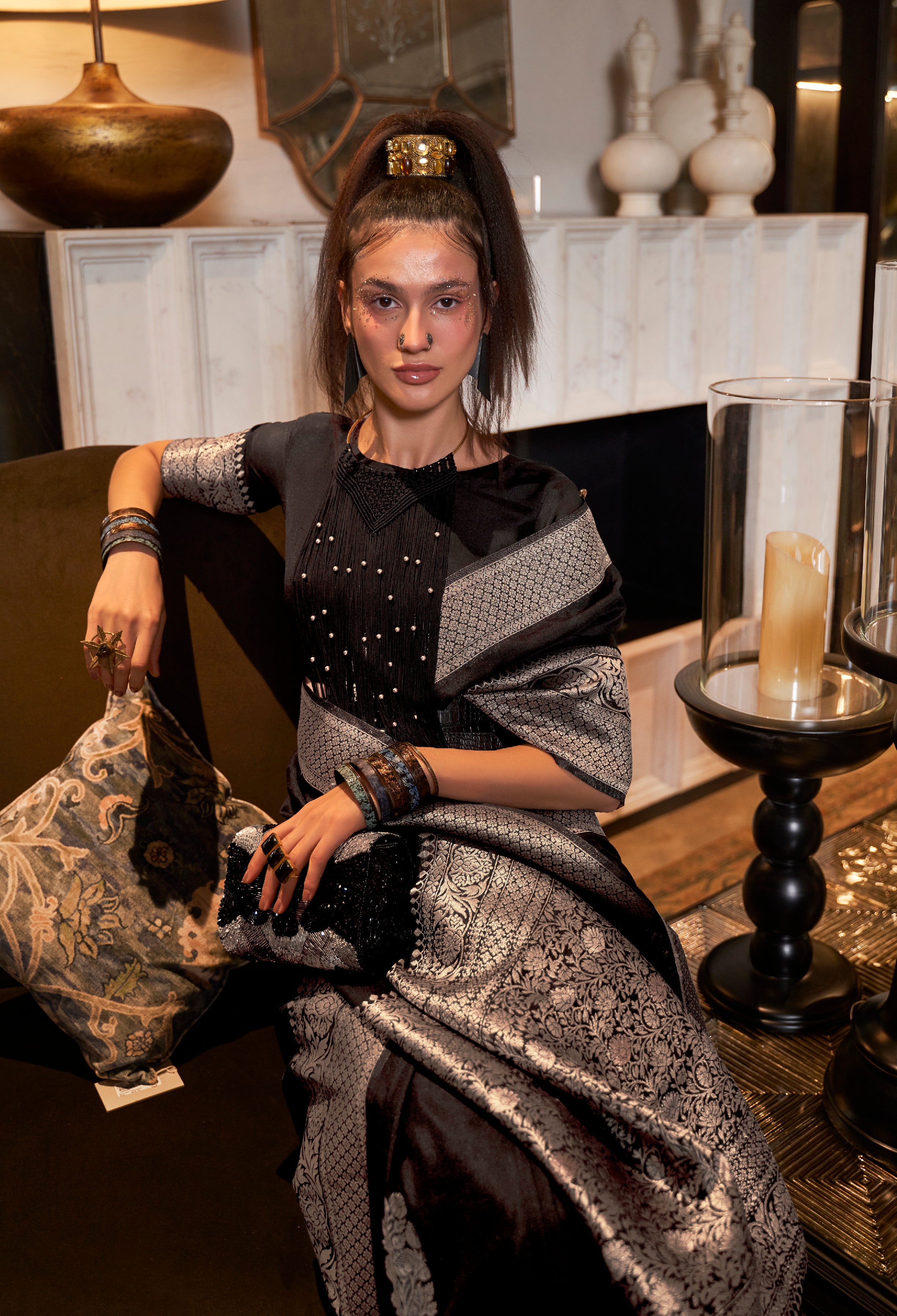 Monjolika Fashion Black Color Handloom Khadi Georgette Tradtional Saree