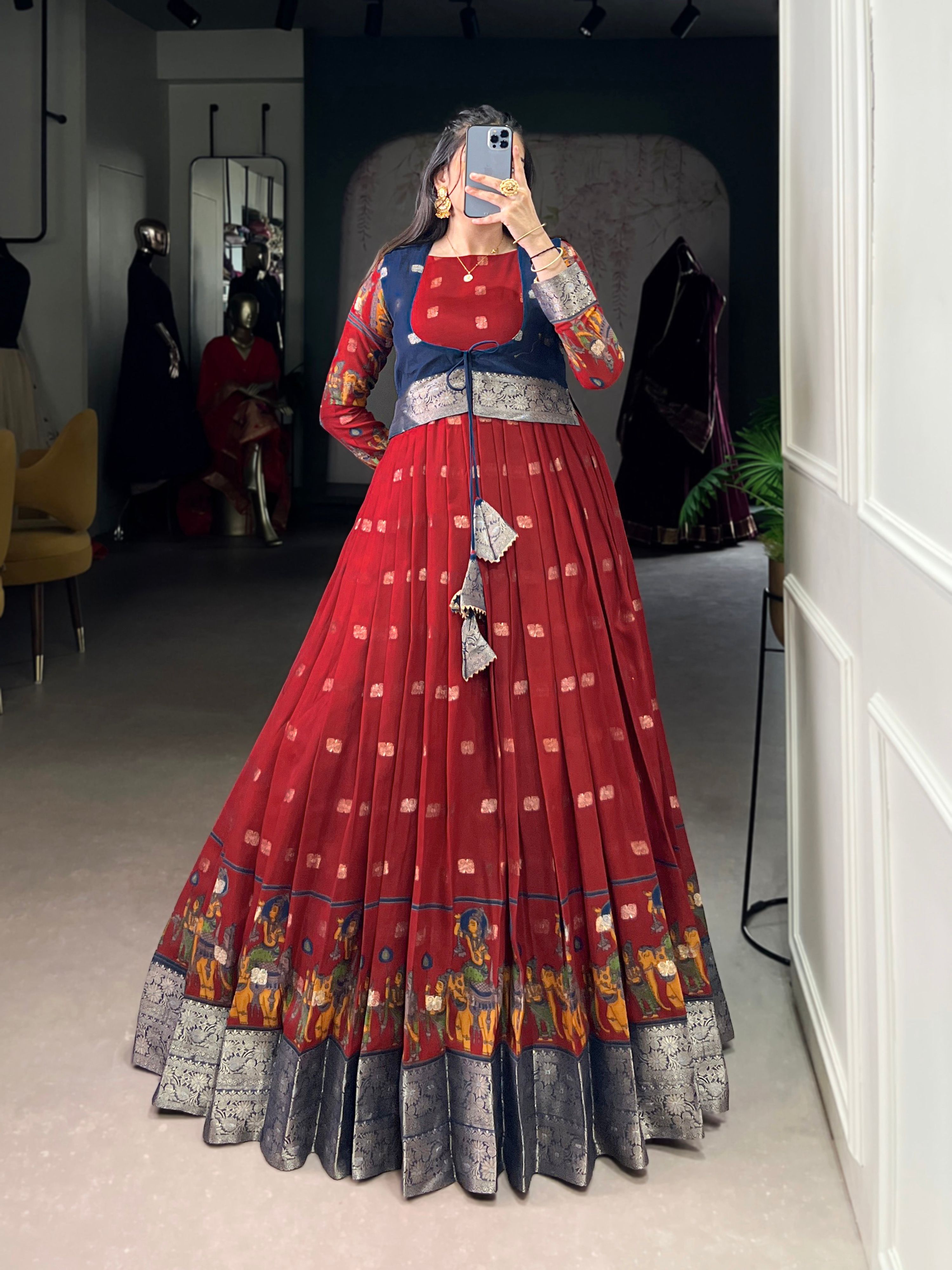 Lorenvalley Fashion Maroon Poly Cotton Kalamkari Print With Zari Weaving Work Border Gown with Koti