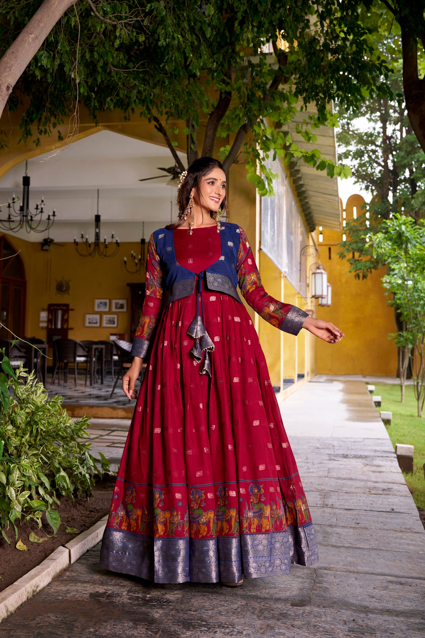 Lorenvalley Fashion Maroon Poly Cotton Kalamkari Print With Zari Weaving Work Border Gown with Koti
