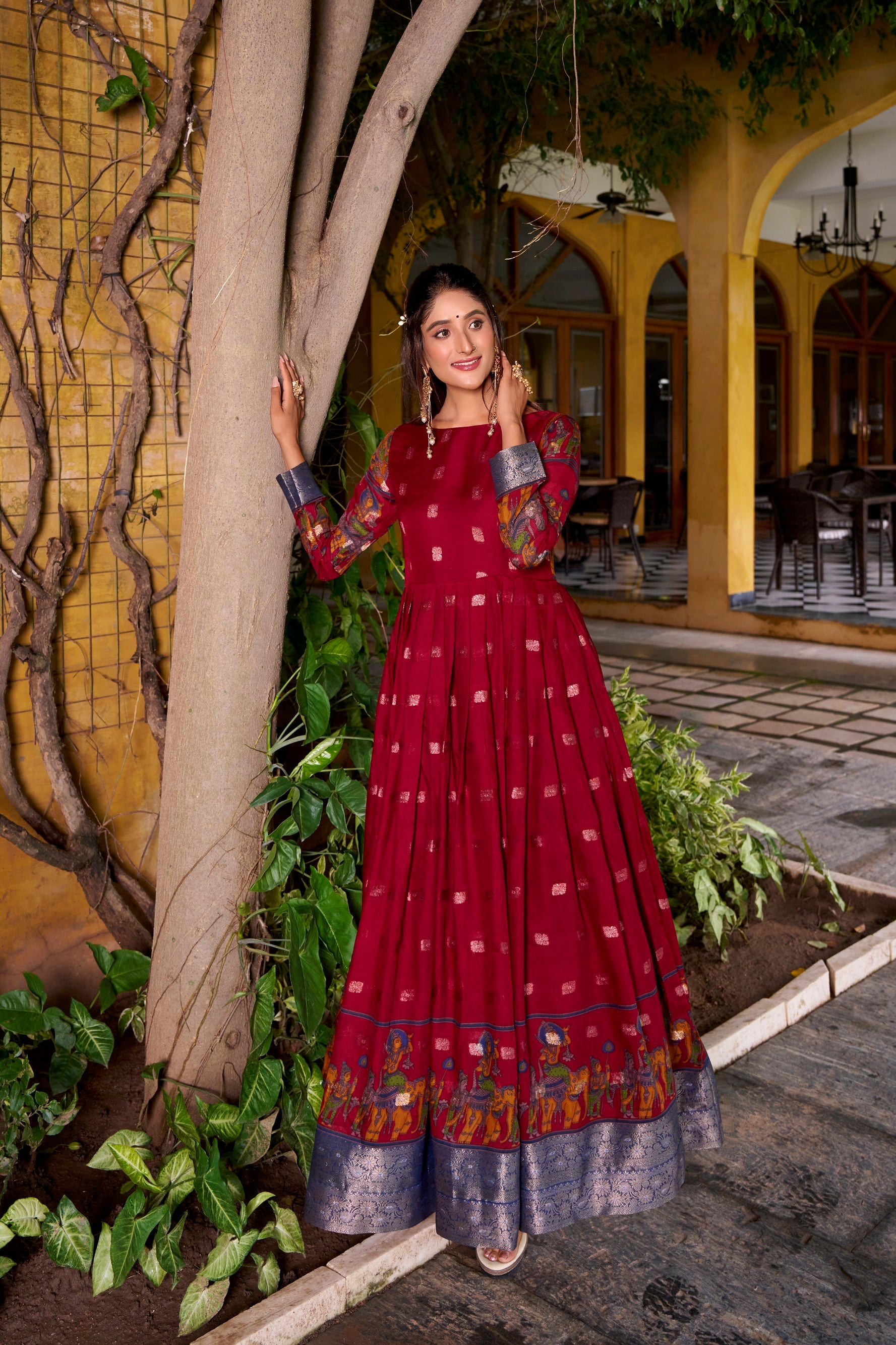 Lorenvalley Fashion Maroon Poly Cotton Kalamkari Print With Zari Weaving Work Border Gown with Koti