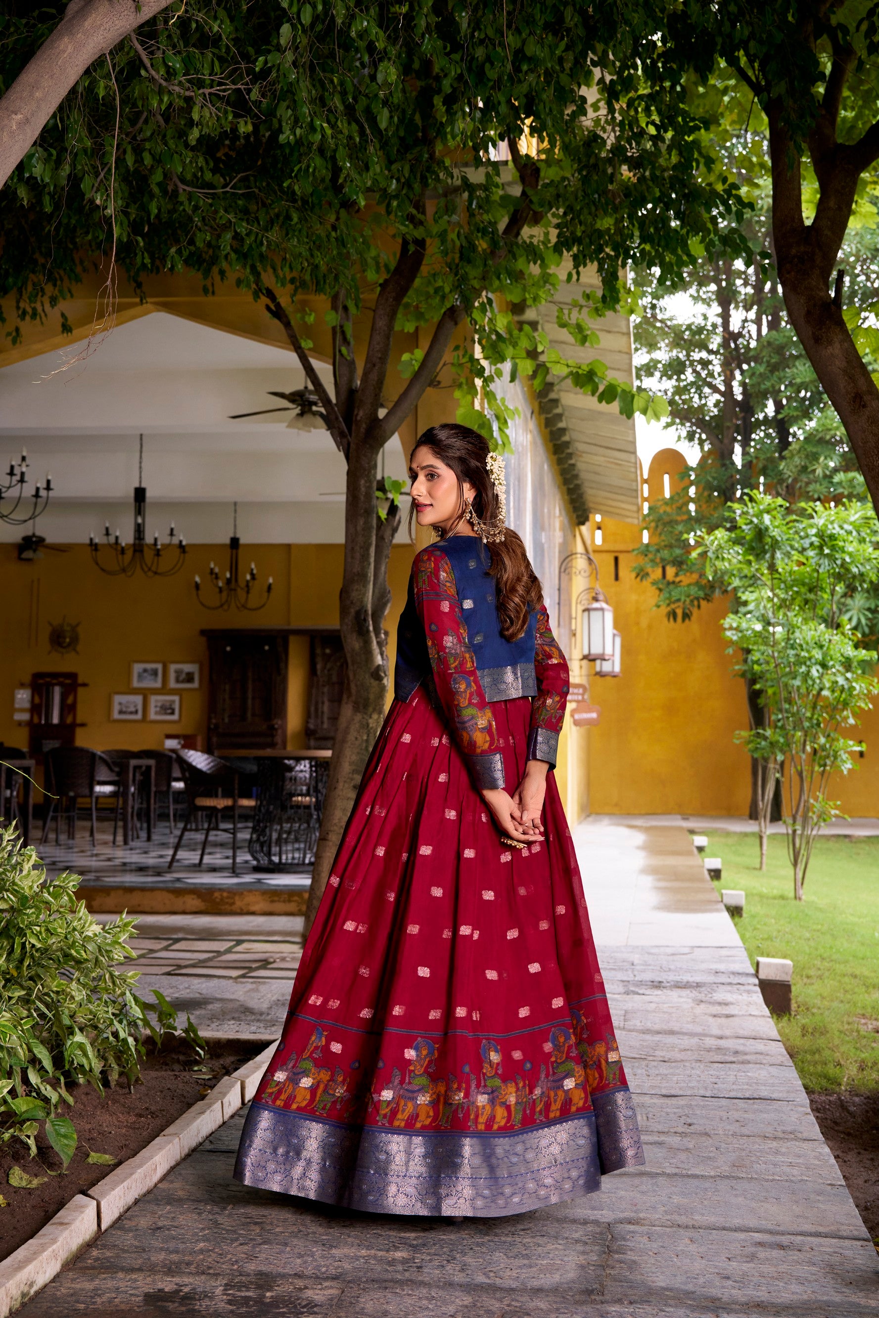 Lorenvalley Fashion Maroon Poly Cotton Kalamkari Print With Zari Weaving Work Border Gown with Koti