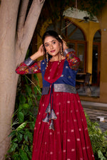 Thumbnail for Lorenvalley Fashion Maroon Poly Cotton Kalamkari Print With Zari Weaving Work Border Gown with Koti