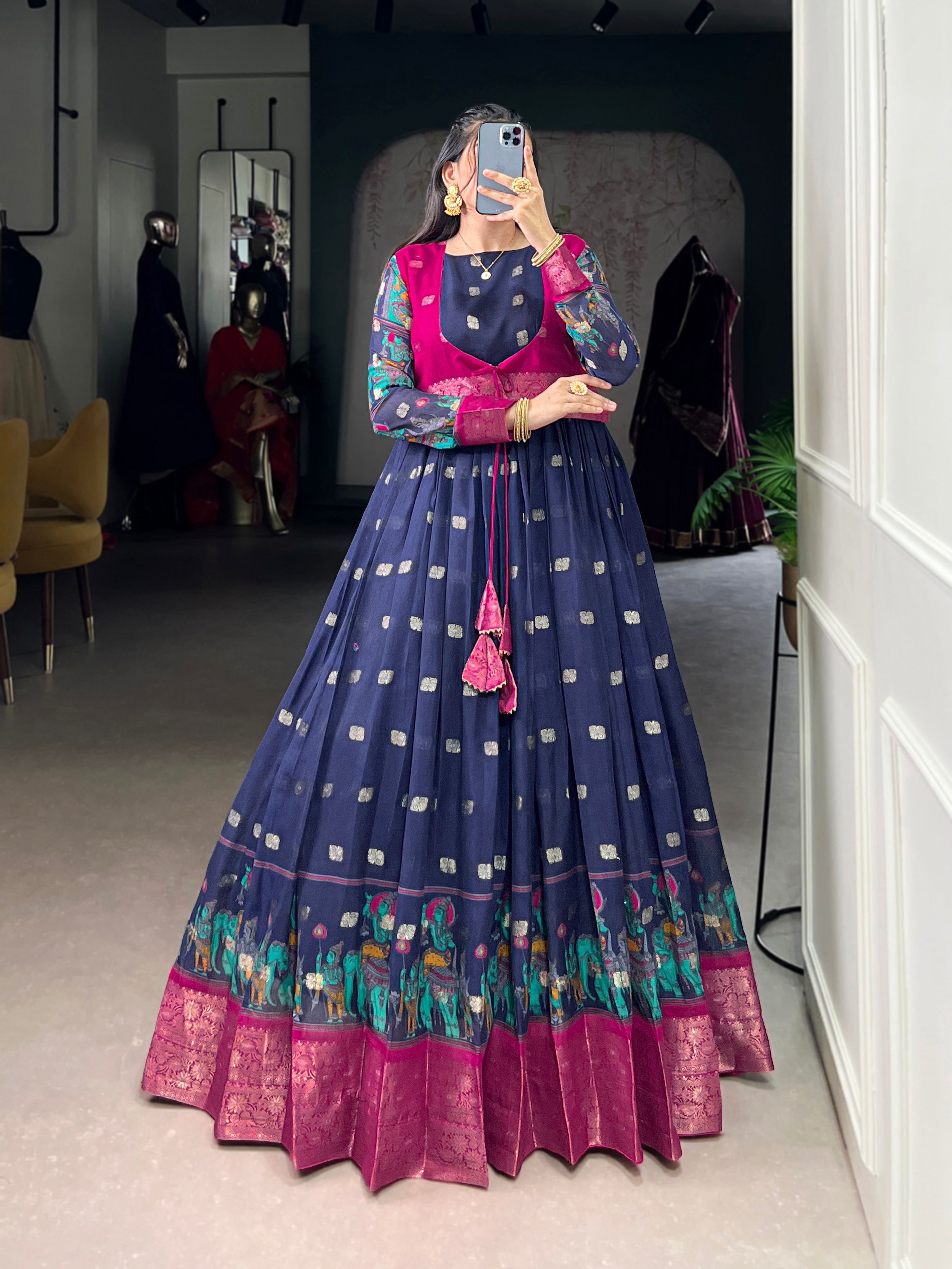 Lorenvalley Fashion Navy Blue Poly Cotton Kalamkari Print With Zari Weaving Work Border Gown with Koti