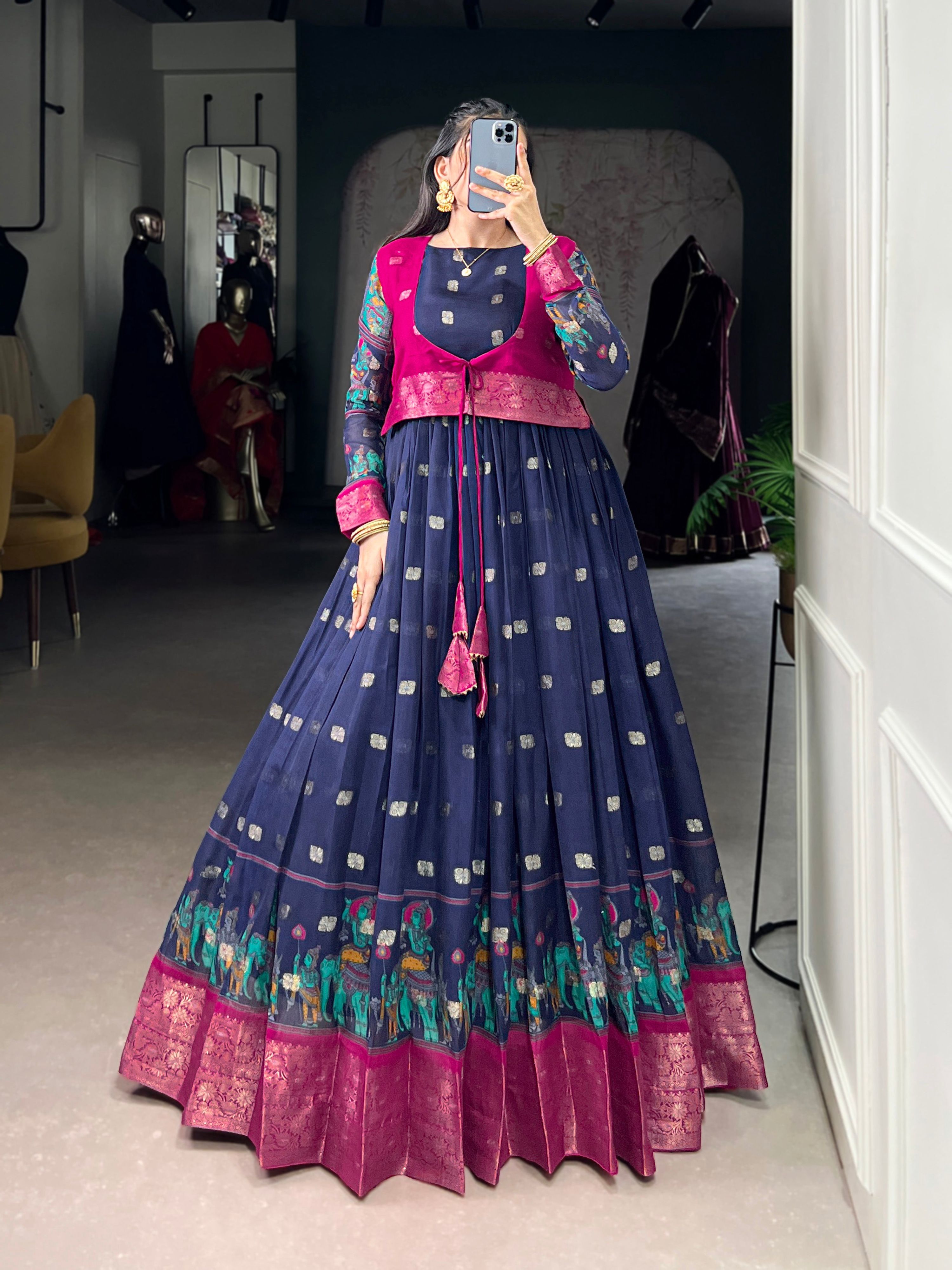 Lorenvalley Fashion Navy Blue Poly Cotton Kalamkari Print With Zari Weaving Work Border Gown with Koti