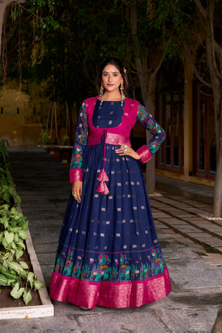 Lorenvalley Fashion Navyblue Poly Cotton Kalamkari Print With Zari Weaving Work Border Gown with Koti