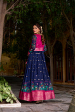 Thumbnail for Lorenvalley Fashion Navyblue Poly Cotton Kalamkari Print With Zari Weaving Work Border Gown with Koti