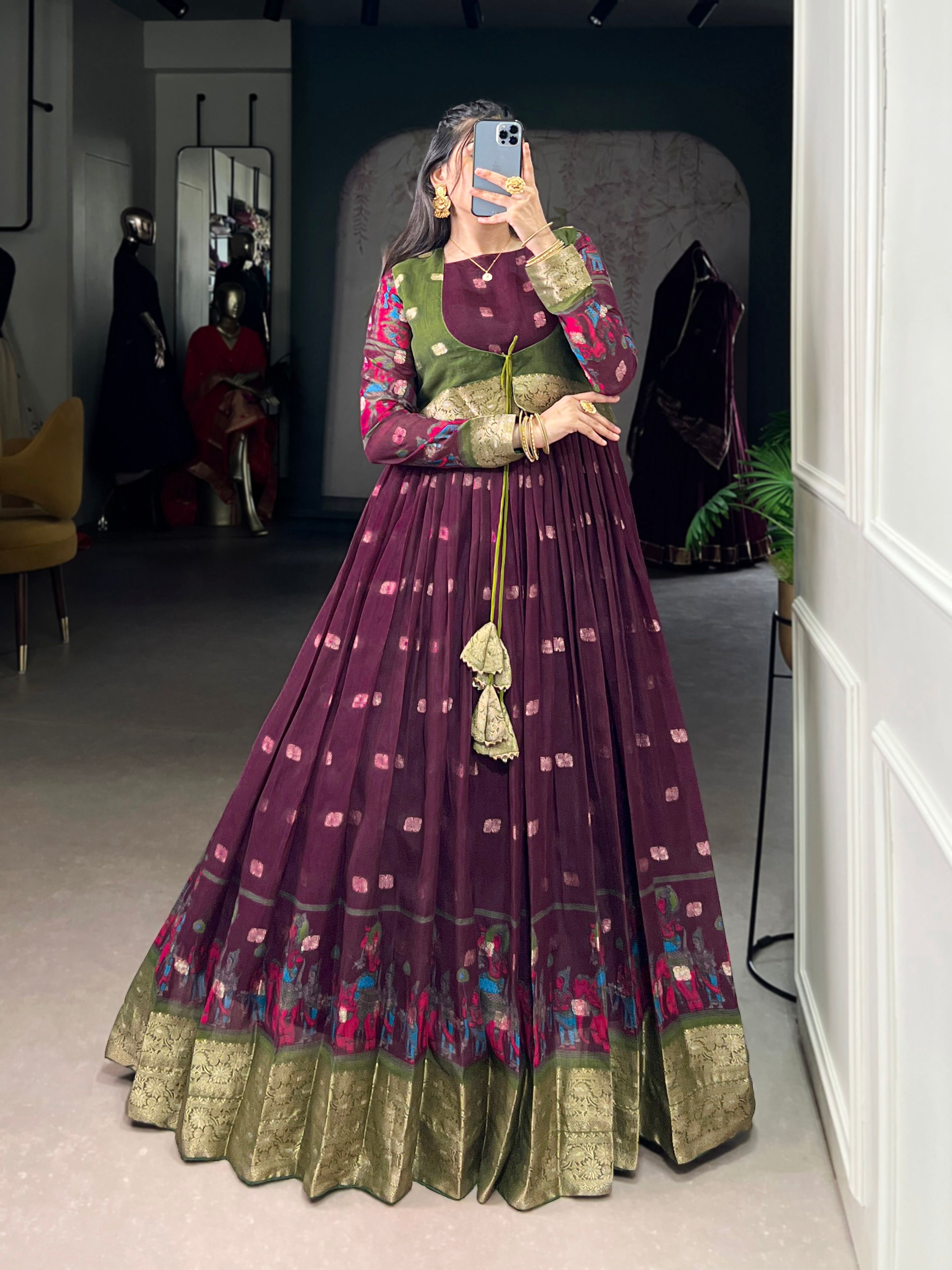 Lorenvalley Fashion Wine Poly Cotton Kalamkari Print With Zari Weaving Work Border Gown with Koti - Distacart