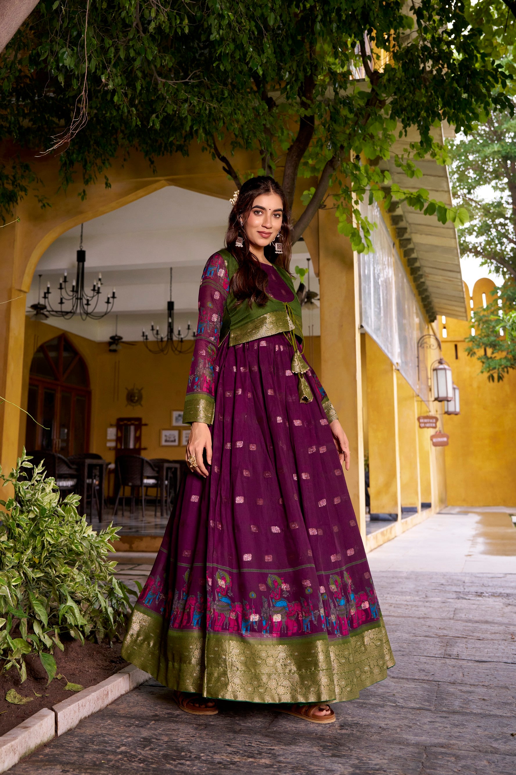 Lorenvalley Fashion Wine Poly Cotton Kalamkari Print With Zari Weaving Work Border Gown with Koti