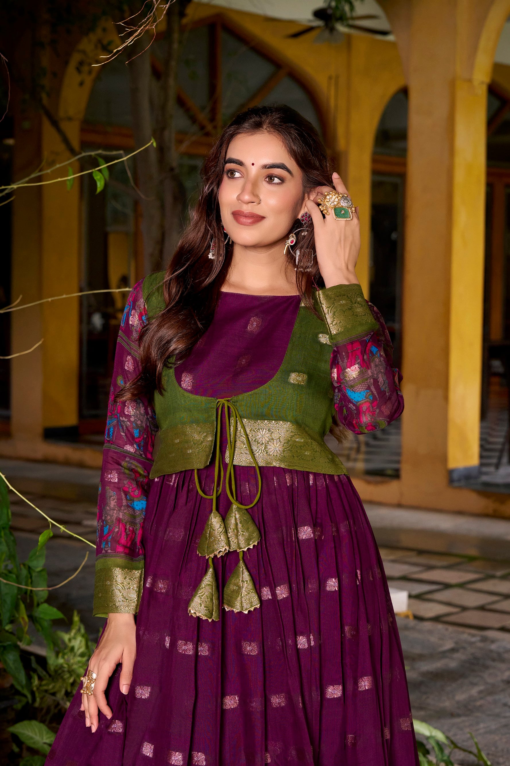 Lorenvalley Fashion Wine Poly Cotton Kalamkari Print With Zari Weaving Work Border Gown with Koti