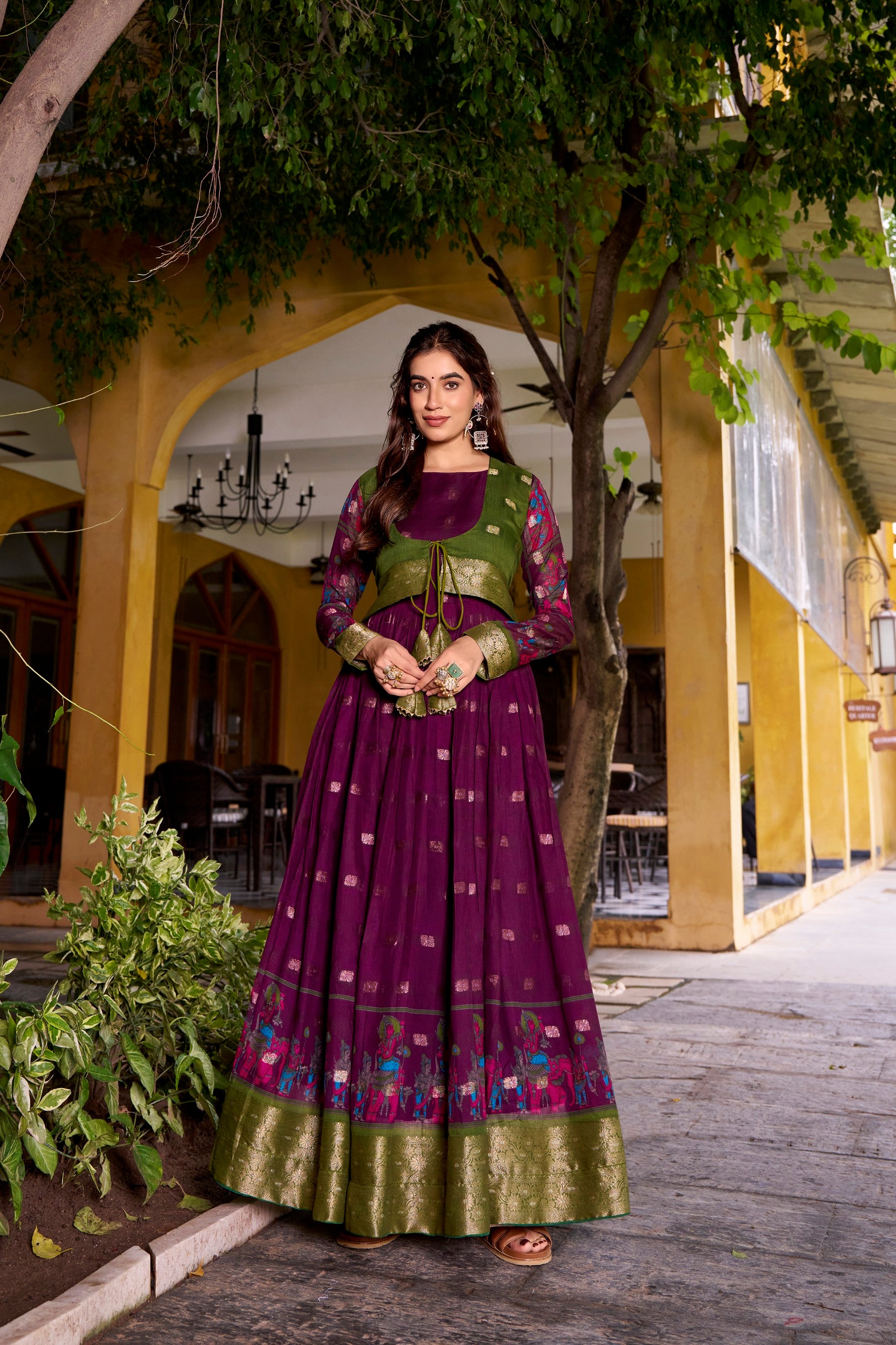 Lorenvalley Fashion Wine Poly Cotton Kalamkari Print With Zari Weaving Work Border Gown with Koti
