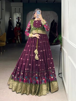 Lorenvalley Fashion Wine Poly Cotton Kalamkari Print With Zari Weaving Work Border Gown with Koti