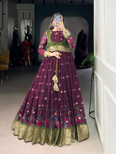 Lorenvalley Fashion Wine Poly Cotton Kalamkari Print With Zari Weaving Work Border Gown with Koti