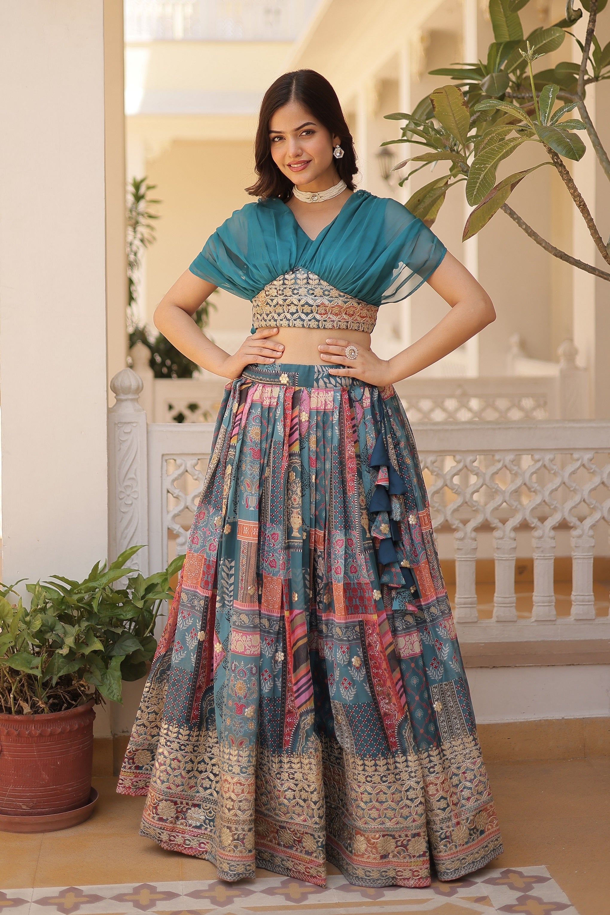 Vedant Vastram Digital Printed With Foil Embroidery Work Russian Silk Lehenga Choli With Blouse - Rama - Distacart