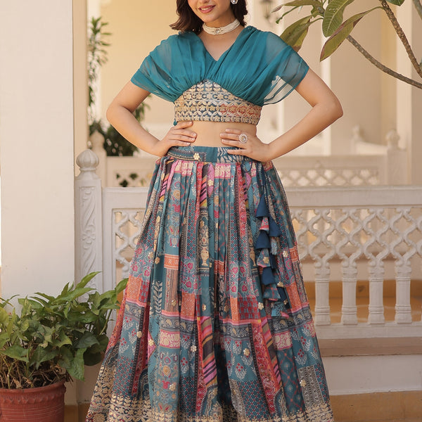 Vedant Vastram Digital Printed With Foil Embroidery Work Russian Silk Lehenga Choli With Blouse - Rama - Distacart