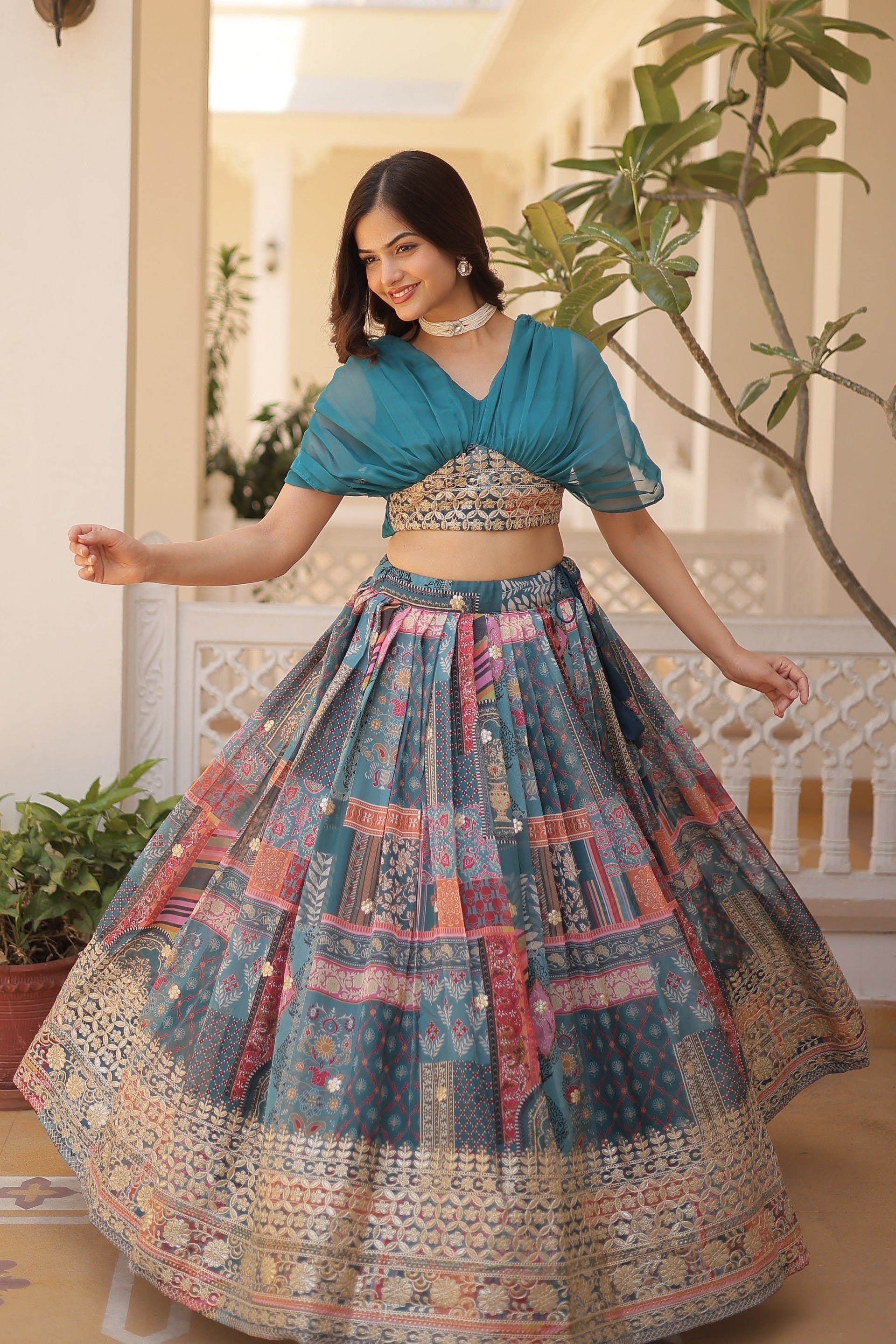 Vedant Vastram Digital Printed With Foil Embroidery Work Russian Silk Lehenga Choli With Blouse - Rama - Distacart