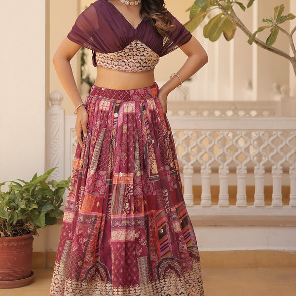Vedant Vastram Digital Printed With Foil Embroidery Work Russian Silk Lehenga Choli With Blouse - Wine - Distacart