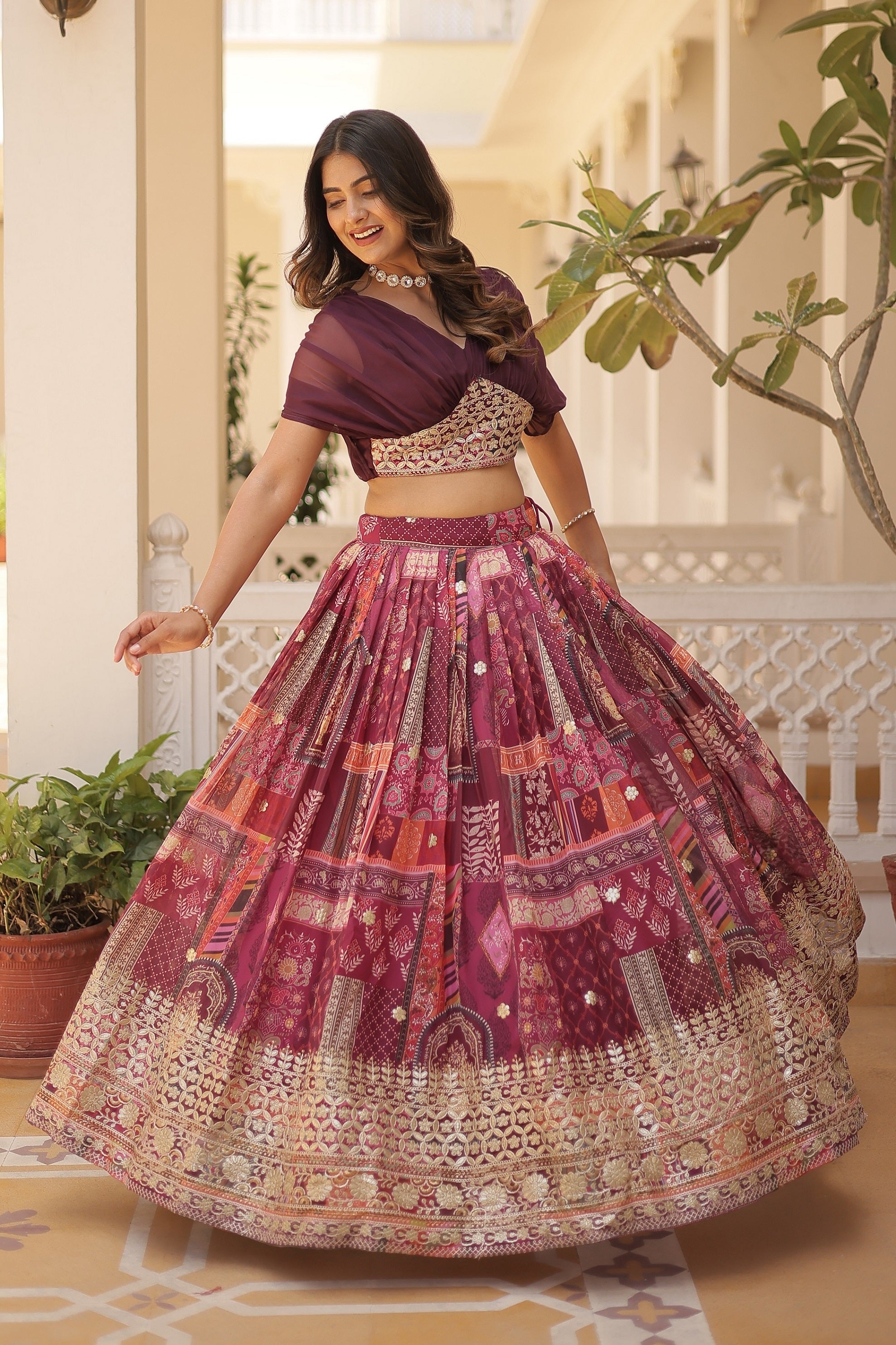 Vedant Vastram Digital Printed With Foil Embroidery Work Russian Silk Lehenga Choli With Blouse - Wine - Distacart