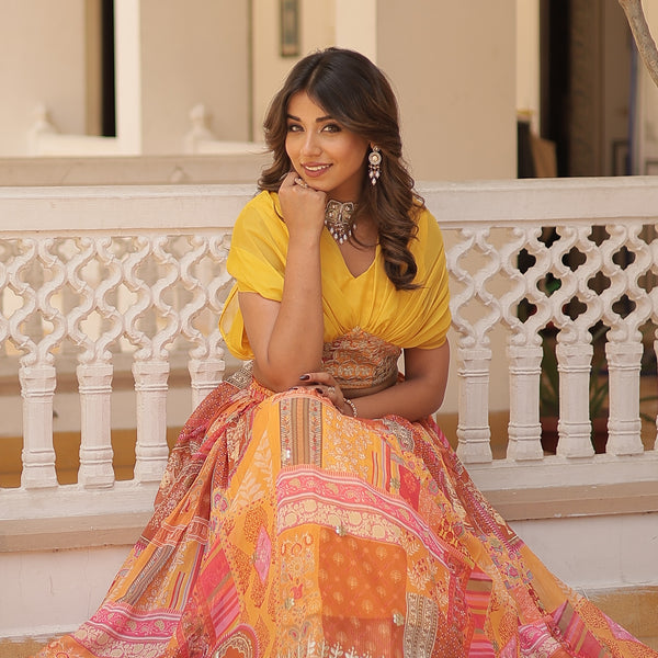 Vedant Vastram Digital Printed With Foil Embroidery Work Russian Silk Lehenga Choli With Blouse - Yellow - Distacart