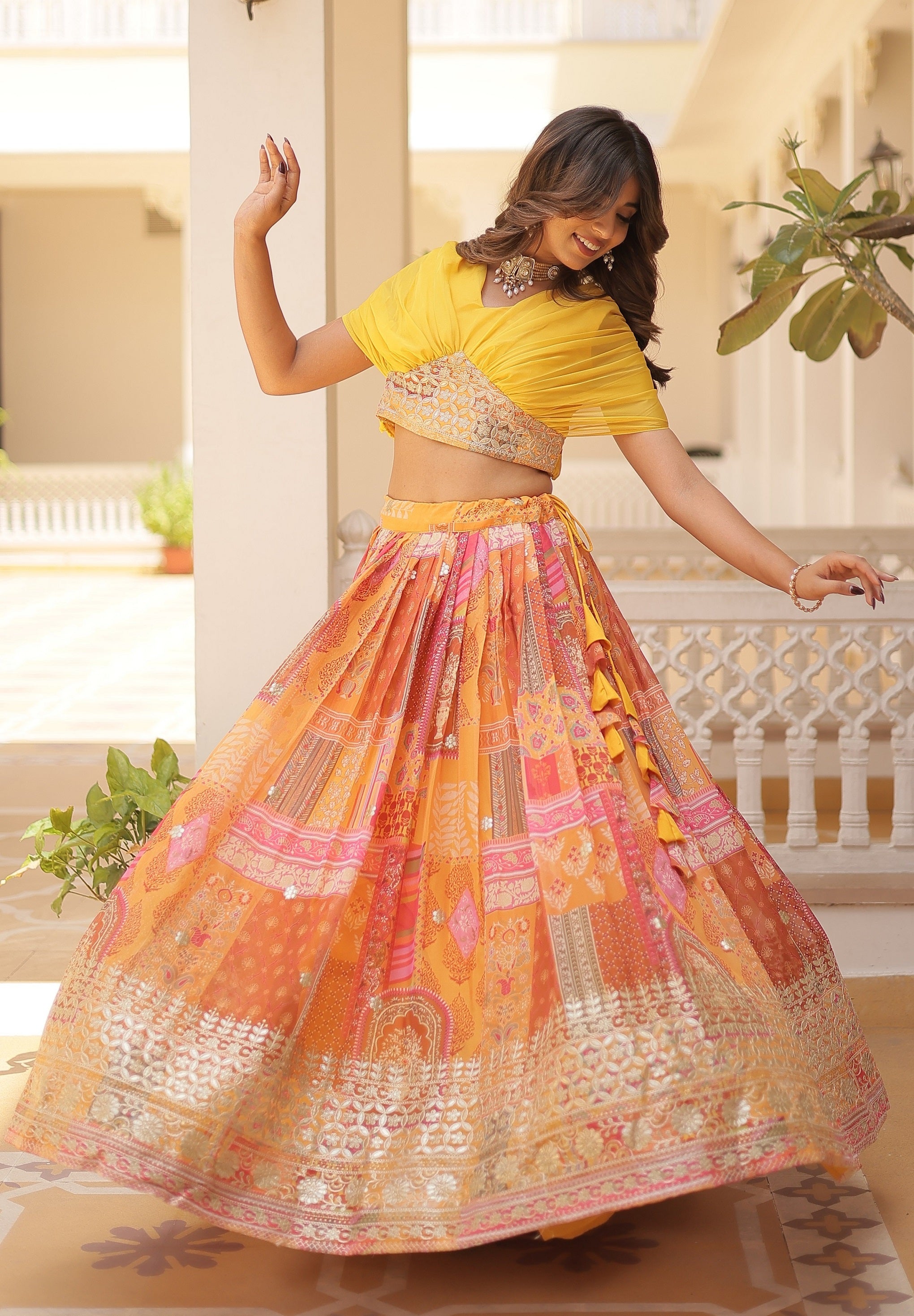 Vedant Vastram Digital Printed With Foil Embroidery Work Russian Silk Lehenga Choli With Blouse - Yellow - Distacart