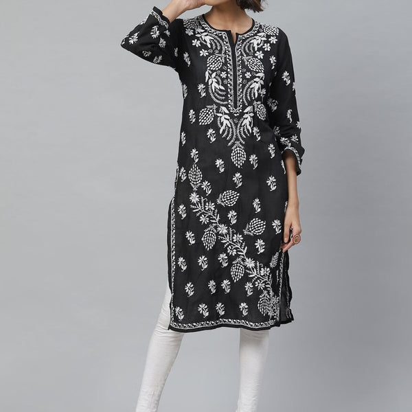 ADA Women Black & White Chikankari Embroidered Straight Sustainable Handloom Kurta - Distacart