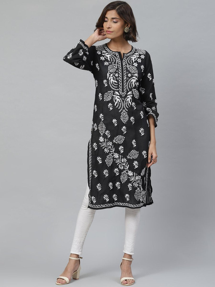 ADA Women Black & White Chikankari Embroidered Straight Sustainable Handloom Kurta - Distacart