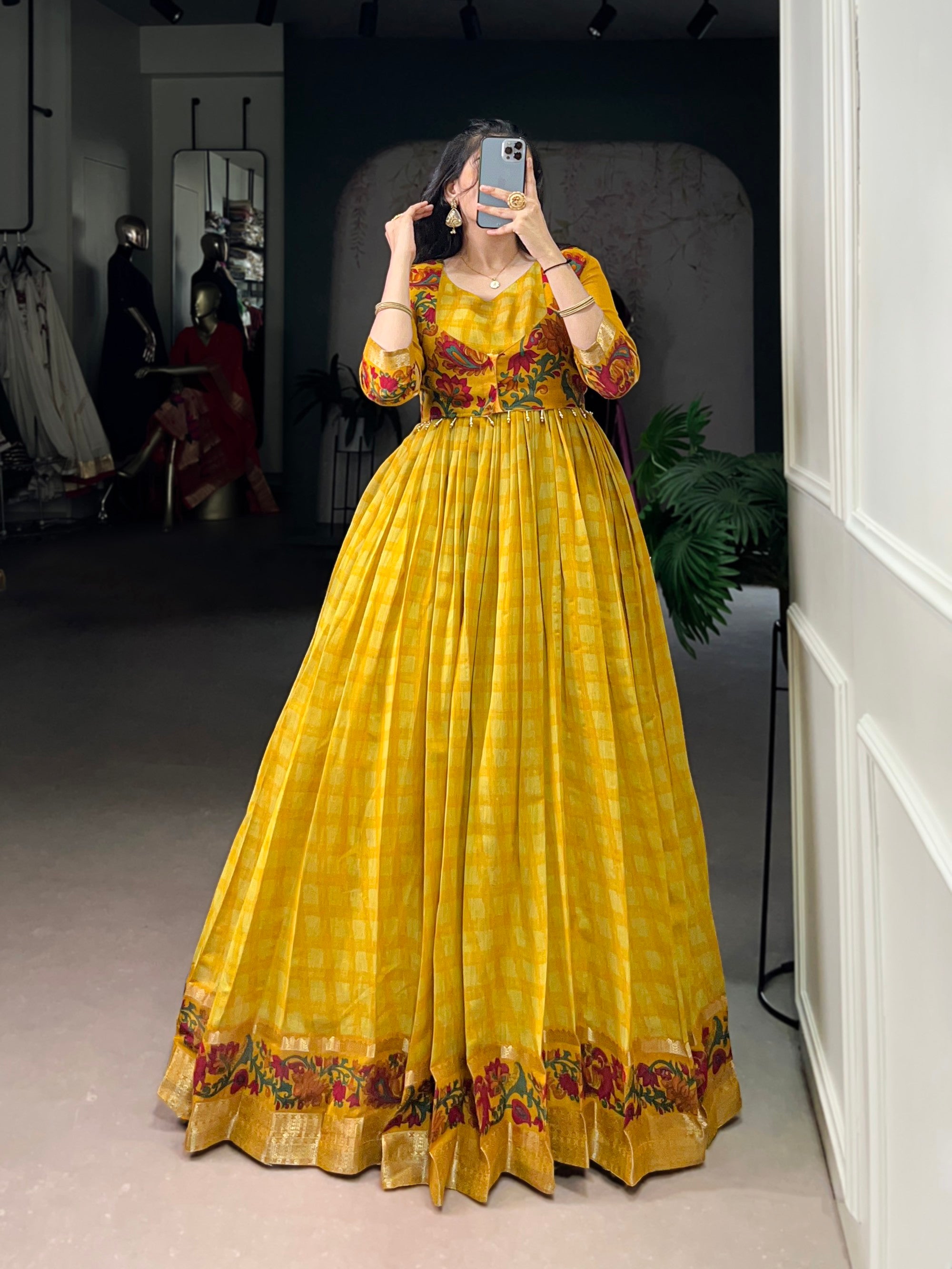 Lorenvalley Fashion Mustard Viscose Chanderi Printed With Zari Weaving Work Gown with Koti