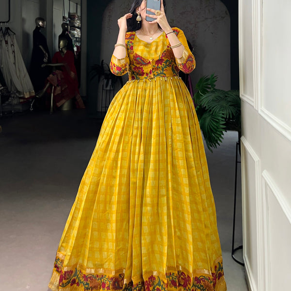 Lorenvalley Fashion Mustard Viscose Chanderi Printed With Zari Weaving Work Gown with Koti - Distacart