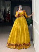 Thumbnail for Lorenvalley Fashion Mustard Viscose Chanderi Printed With Zari Weaving Work Gown with Koti