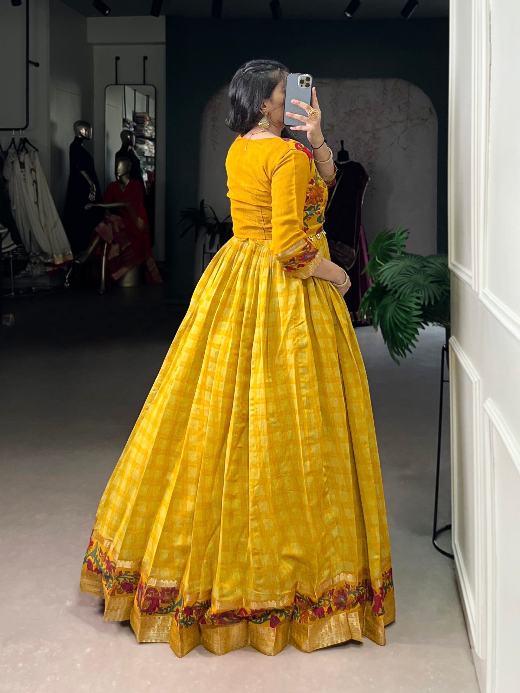 Lorenvalley Fashion Mustard Viscose Chanderi Printed With Zari Weaving Work Gown with Koti